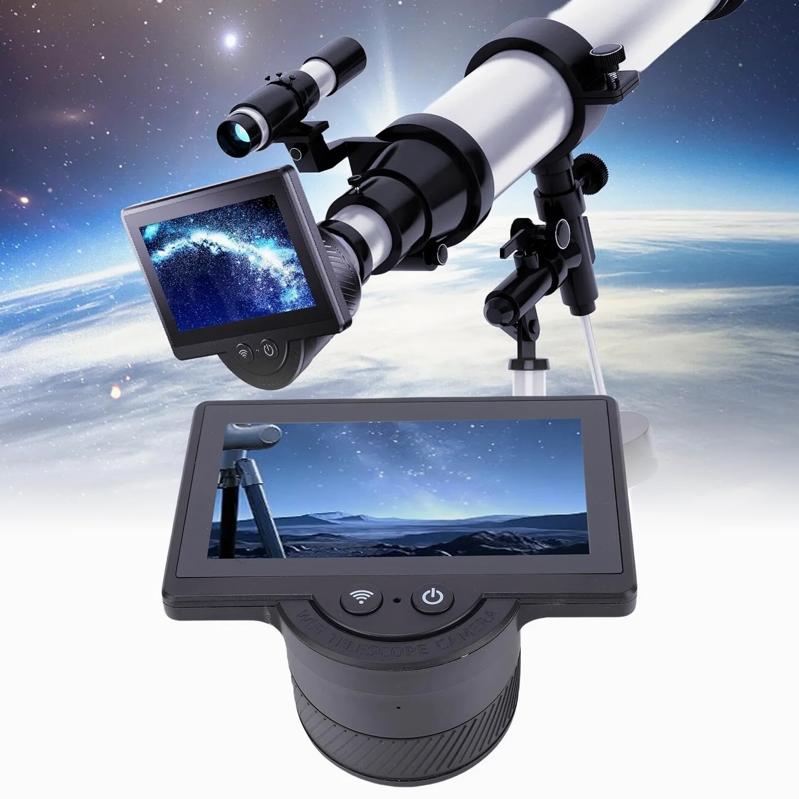 Electronic WiFi Eyepiece Camera with 4.3-Inch Display for Telescopes 26 mm to 47 mm, App-Controlled 4K Imaging & Live View Compatible with Optical Devices