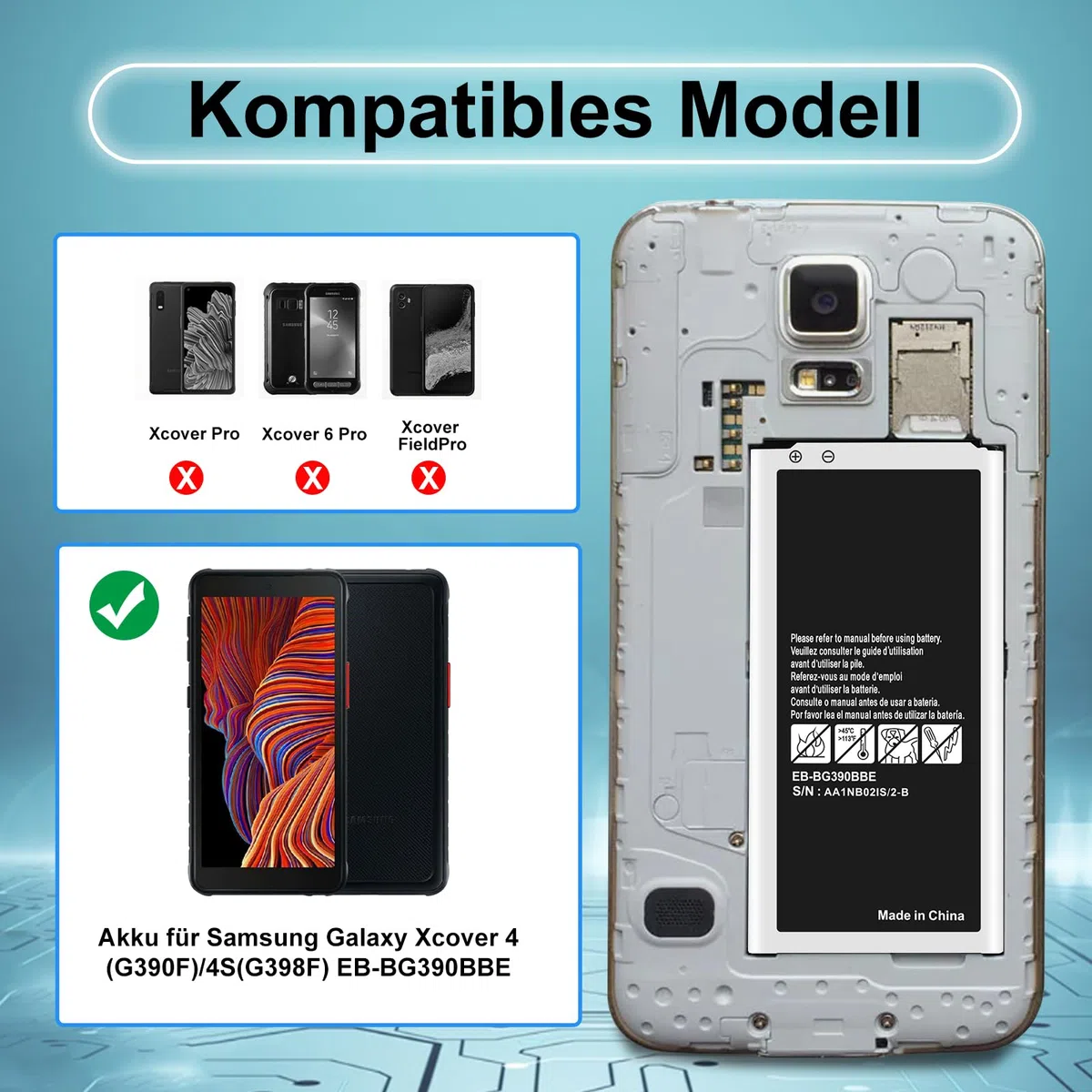 3200mAh Akku für Samsung Galaxy Xcover 4(G390F)/4S(G398F) EB-BG390BBE Lithium-Ionen Ersatzakku