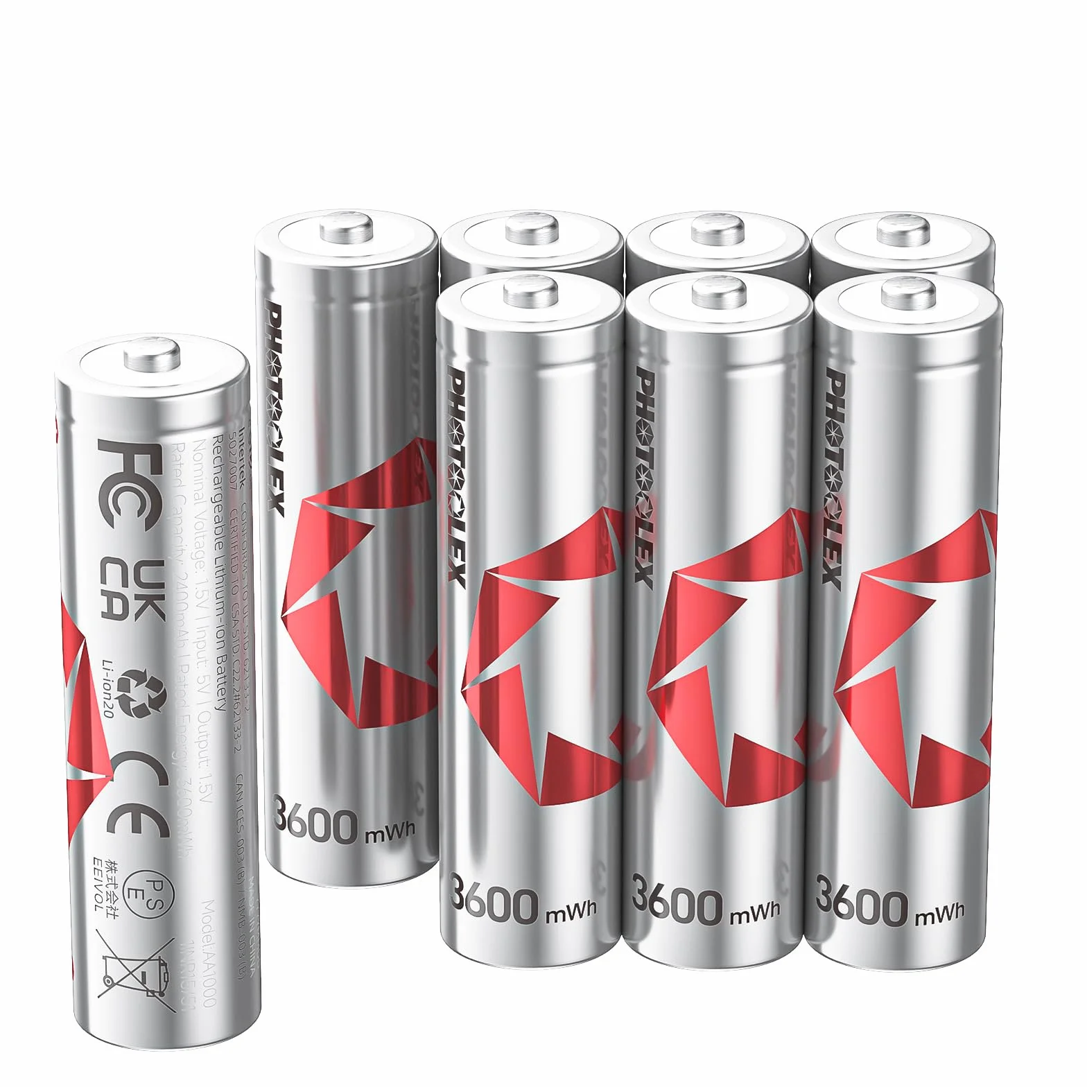 PHOTOOLEX 1.5V Wiederaufladbare AA Lithium Akkus (8 Stück), 3600mWh Lithium Ionen Hochkapazitäts-wiederaufladbar aa akku 1600 + Zyklen Langlebige Wiederaufladbare Doppel A Batterie (Kein Ladegerät