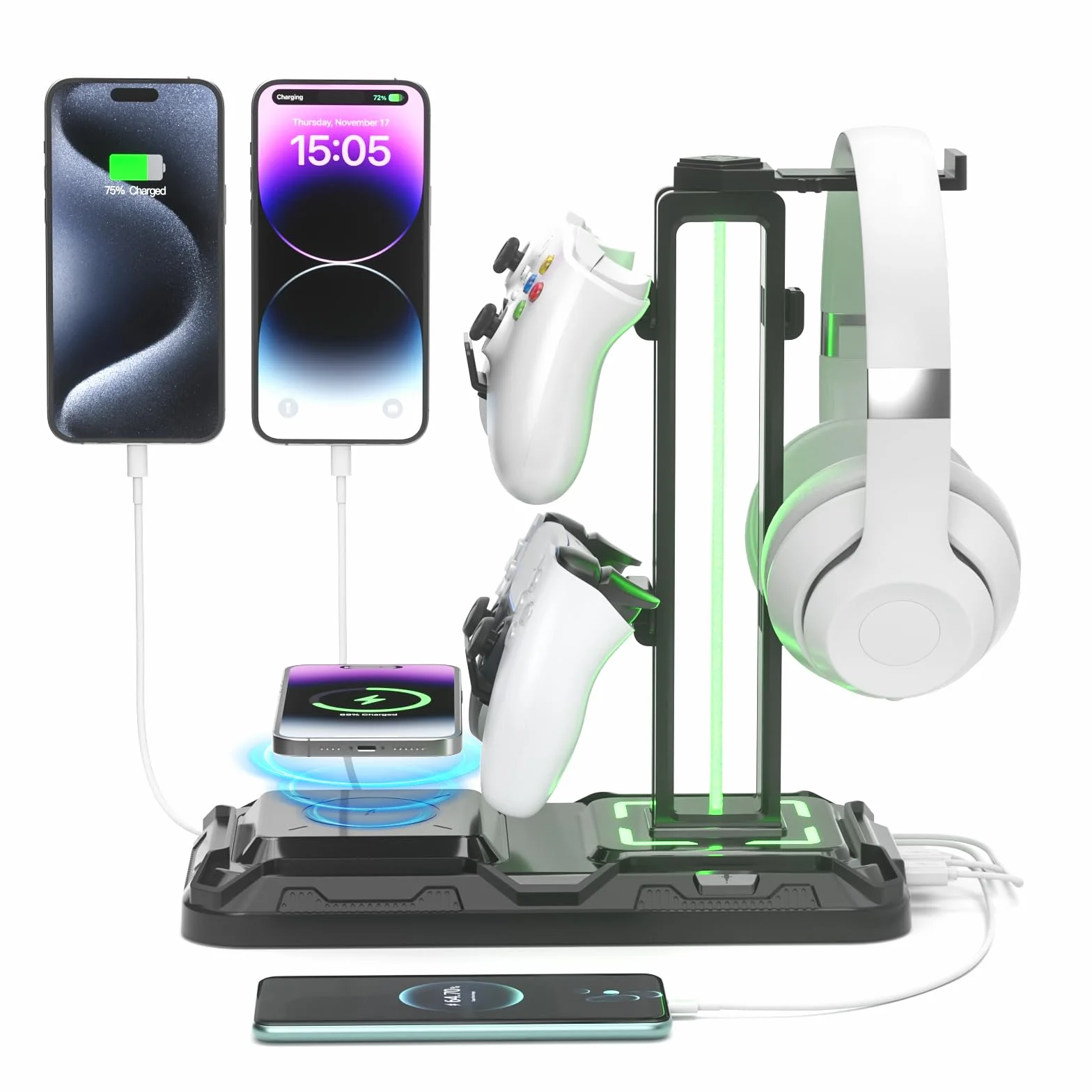 KDD Gaming Headset Halterung mit Wireless Ladegerät - Controller Halter & Kopfhörer Halter Led mit 9 Lichtmodi & 2 USB & 1 Typ-C Anschlüssen - Headphone Stand für Alle Kopfhörer PC Gaming Zubehör