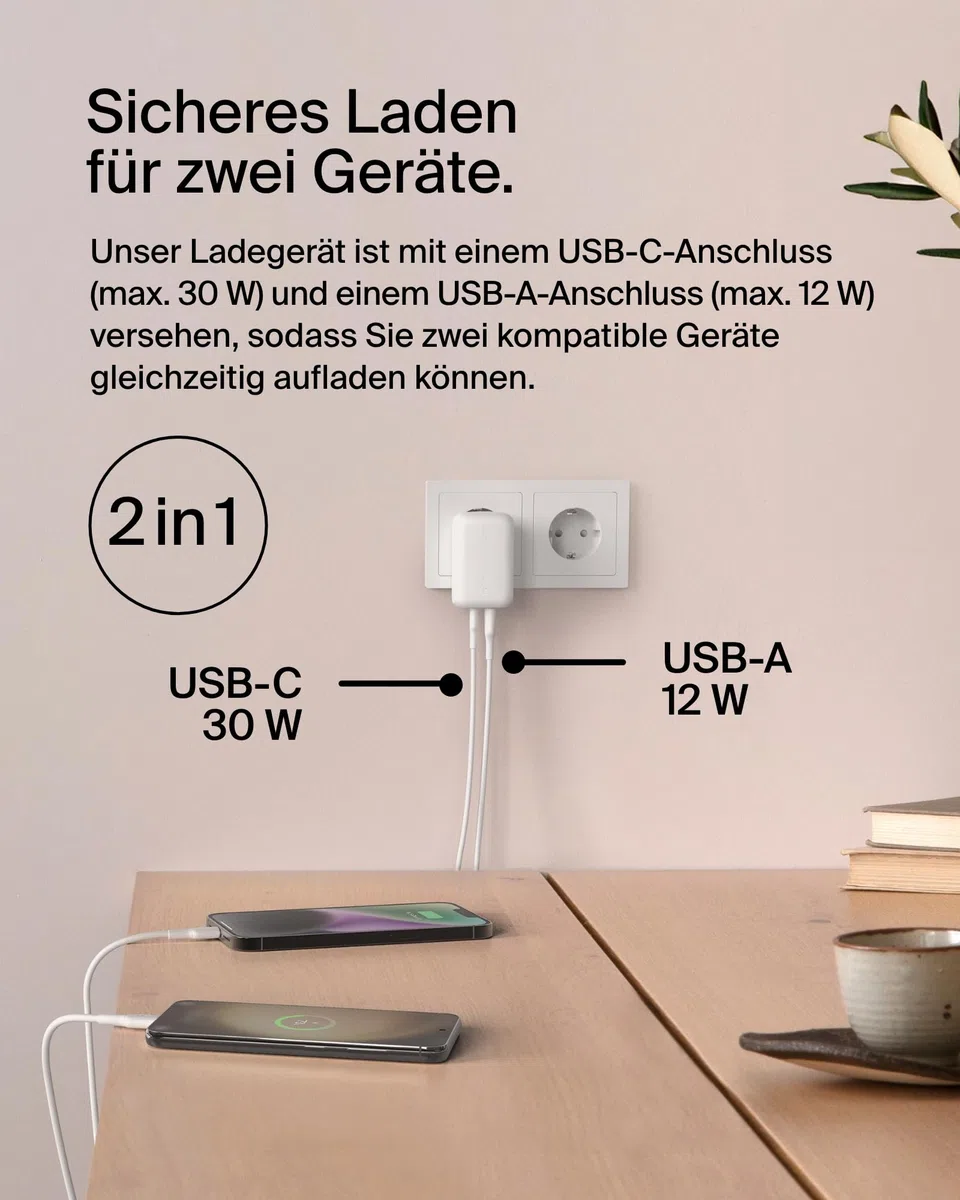 Belkin BoostCharge 42-W-USB-Ladegerät mit 2 Anschlüssen, USB-C- + USB-A-Charger; Schnellladen für iPhone 16, 16 Plus, 16 Pro, 16 Pro Max, 15, 14, 13, Galaxy S24, S23, Plus, Ultra, iPad, AirPods – Weiß