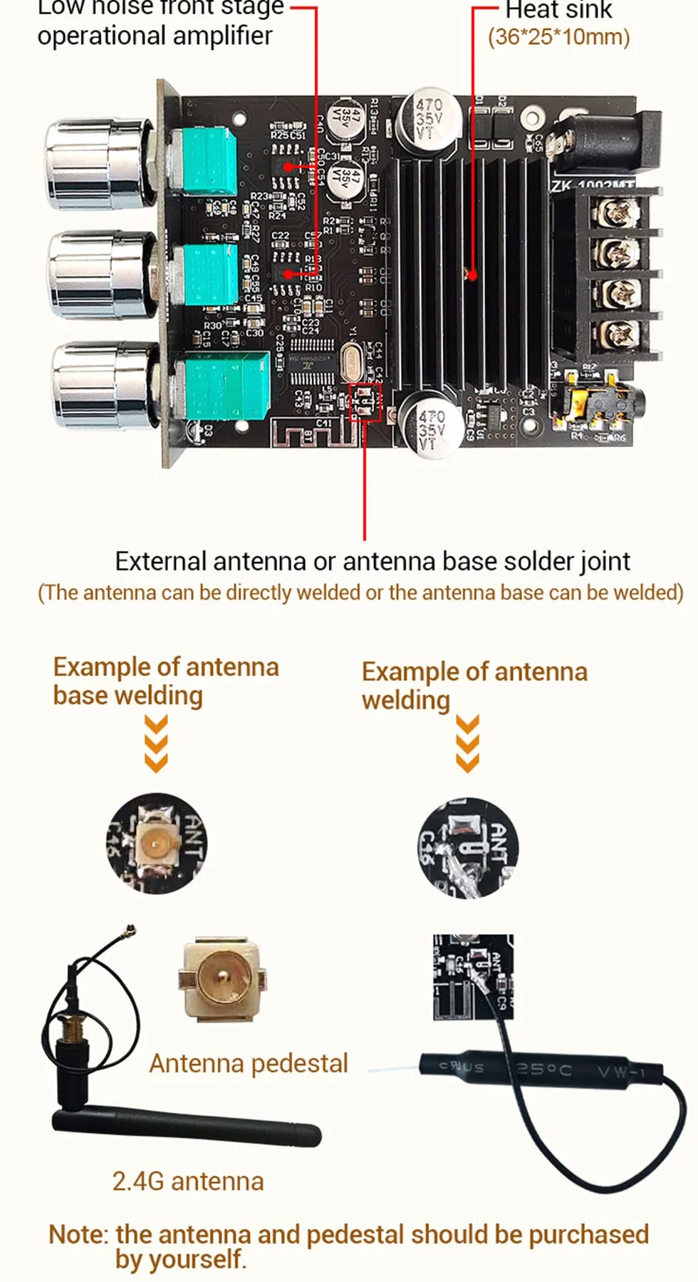WANGCL ZK-1002MT 2 x 100 W Bluetooth 5.0 High-Power Stereo Subwoofer Amplifier Board, AUX Bass and Treble Amplifier