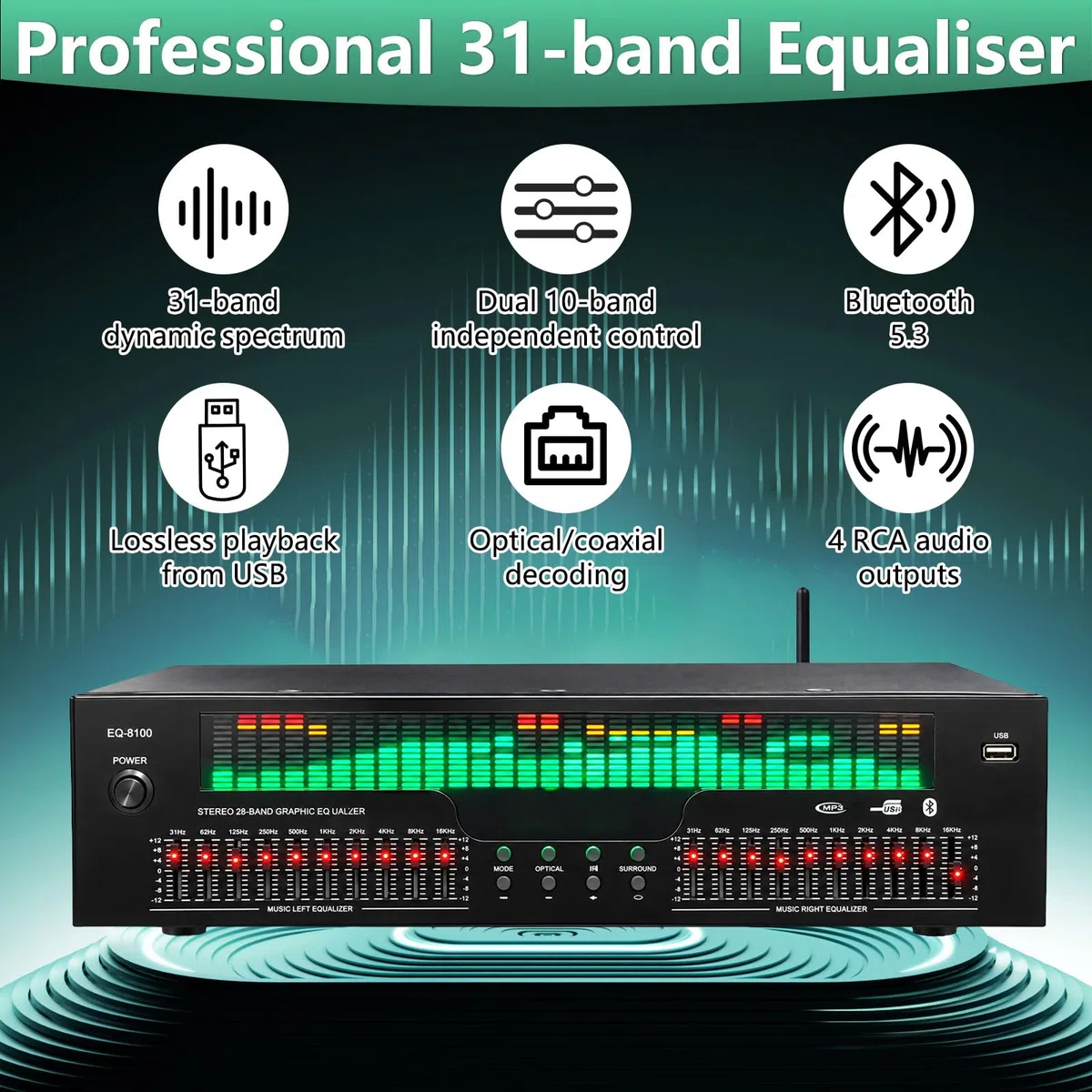 Equalizer, 31 Band Digital Equalizer HiFi mit LED Spektrumanzeige