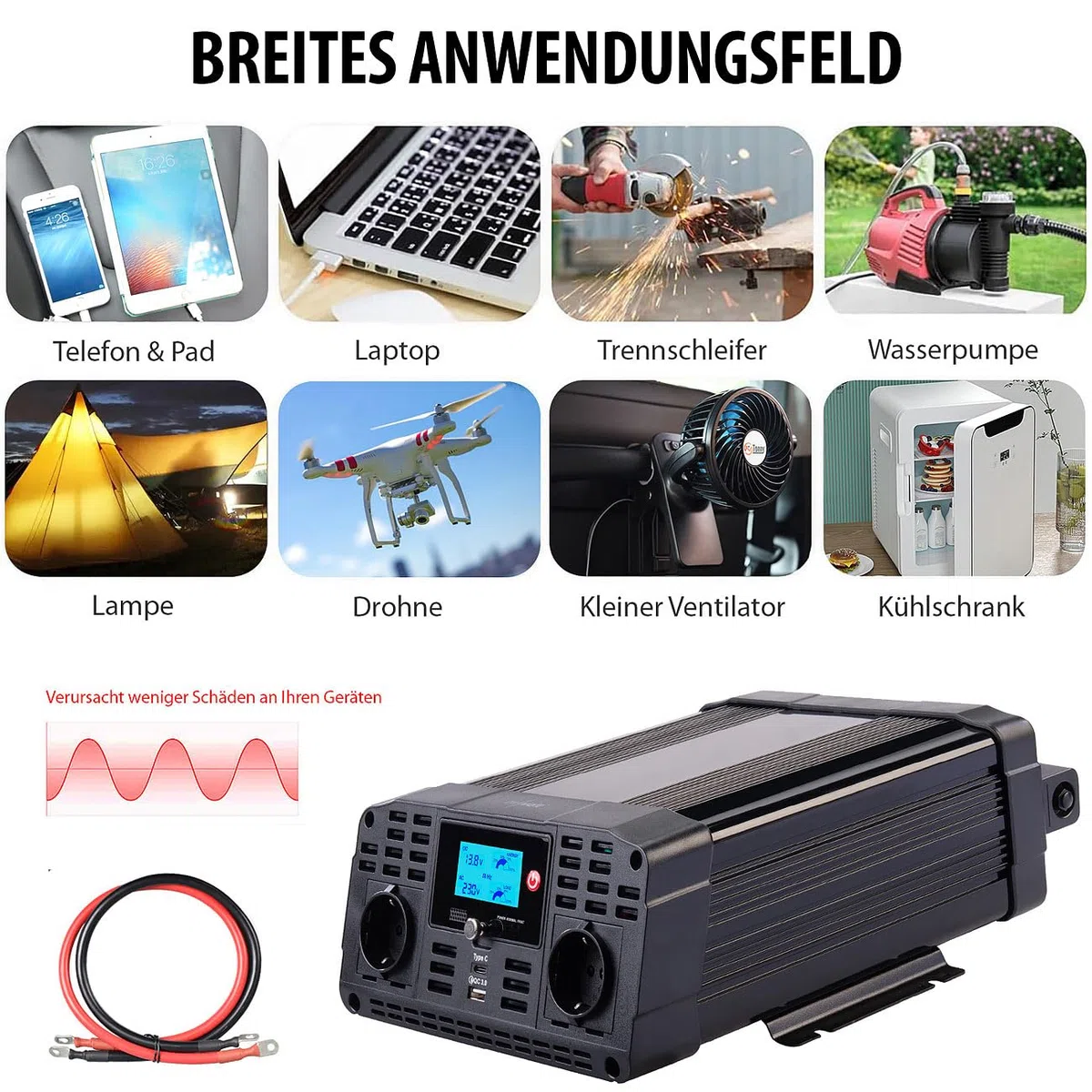 revolt Inverter: 12-V-Wechselrichter auf 230 Volt, USB-A und -C, 1.500 Watt, Sinuswelle (Spannungswandler 12V in 230V, Kfz Spannungswandler, 24V)