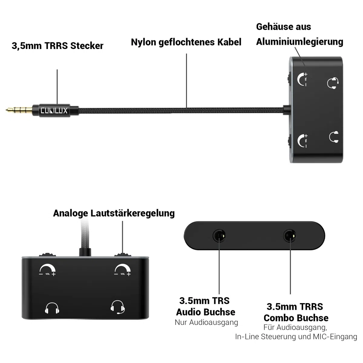 Cubilux 3,5 mm Kopfhörer Splitter mit Lautstärkeregelung, 1 Stecker auf 2 Buchsen, Audio Adapter für 2 Personen