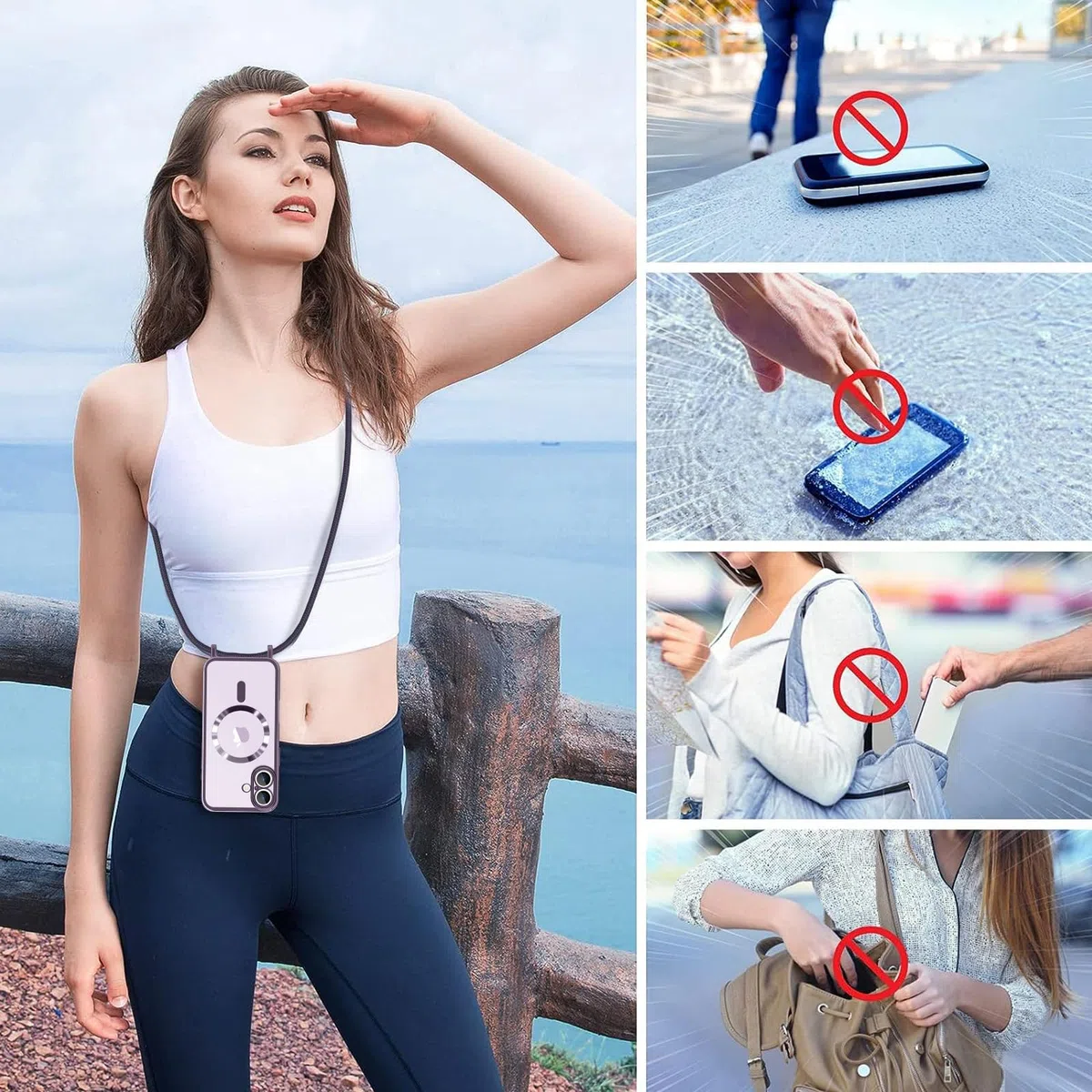 Handyband für iPhone 17 Hülle mit Band + 2 Stück Glas Schutzfolie Transparent Silikon Handyhülle Magnetische Schutzhülle Case zum Umhängen Kordel für iPhone 17 Lila