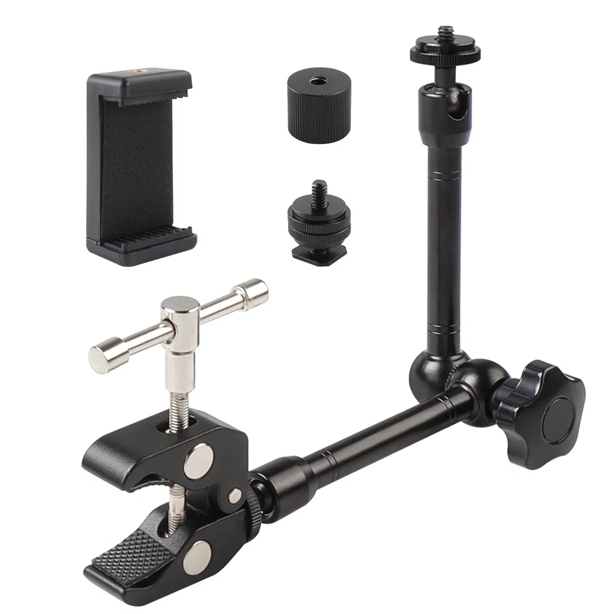 11 Zoll Verstellbarer Gelenkarm Magic Arm, Super Clamp mit 1/4" und 3/8" Schraubenlöchern und Einer Doppelloch-Telefonhalterung für Foto, Video und Kameraausrüstung