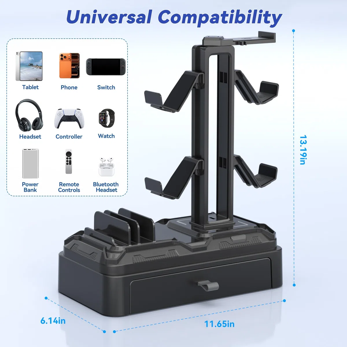 KDD Kopfhörer Ständer Gaming mit Schublade - Drehbare Headset Halterung Tisch & Controller Halter PS5 mit Geräteschlitz für Handy Tablet - Universal Headset Ständer für Alle Kopfhörer Gaming Zubehör