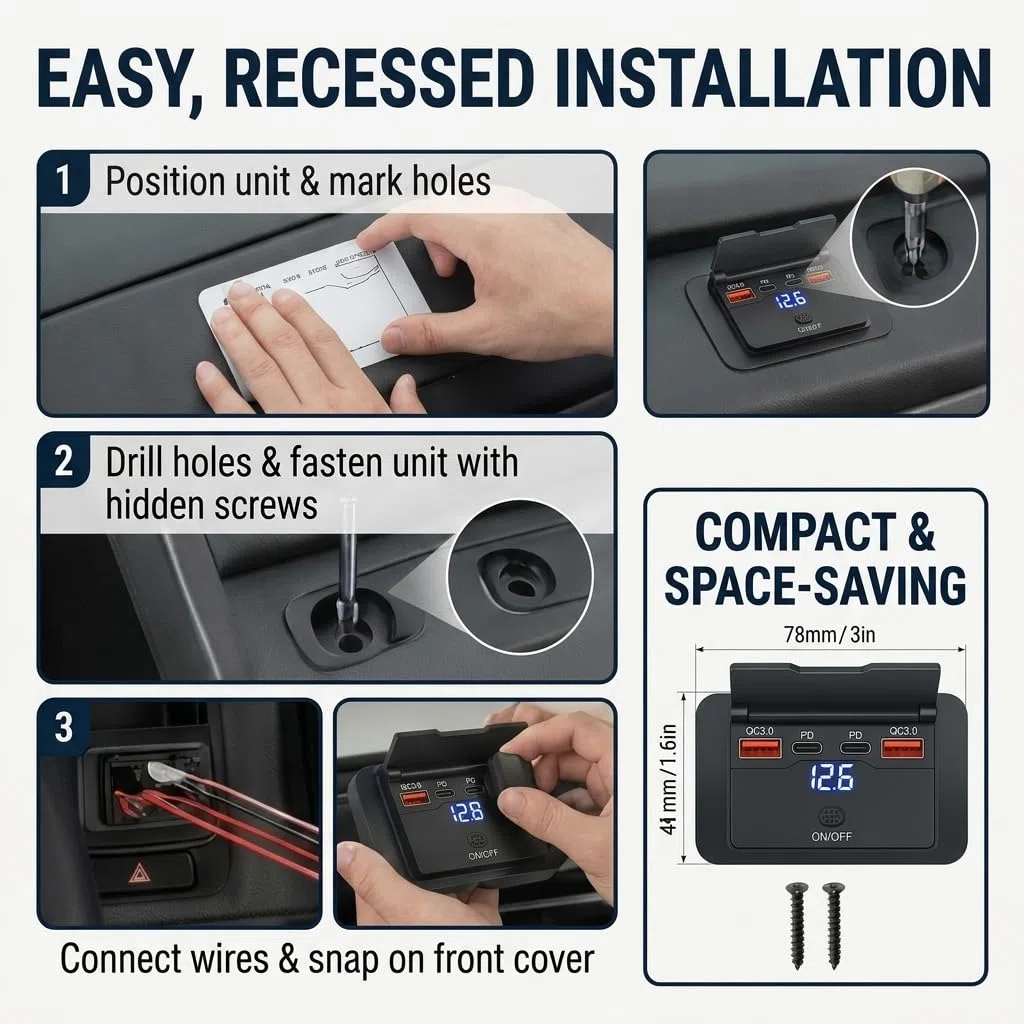 96W 12v USB Steckdose zur Wandmontage – Dual 36W USB-C PD & Dual QC3.0 18W Auto Ladebuchse mit wasserdichtem Schalter, Aufputzmontage für Wohnmobil, DE-car Charger 1p