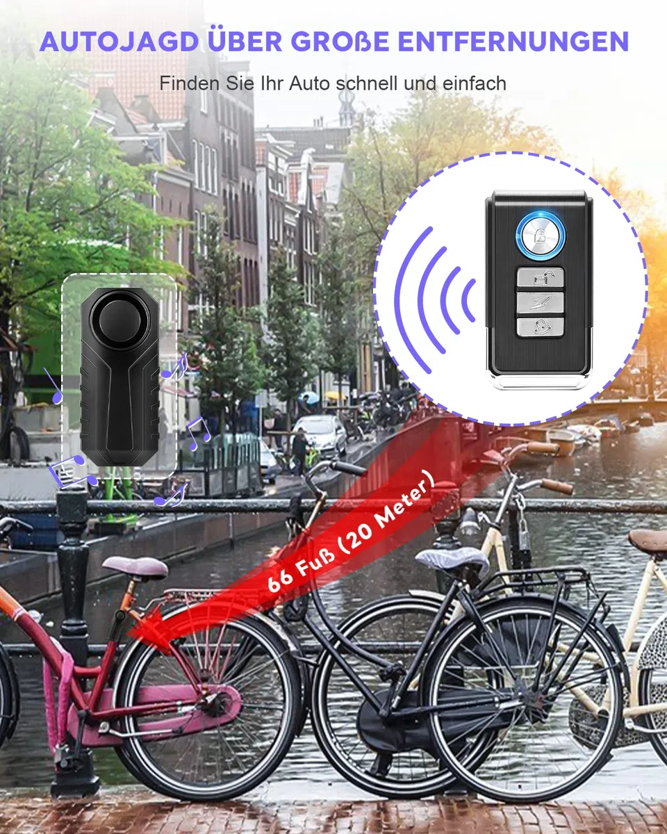Fahrrad Alarm System,113 dB Superlaut 7-Stufen-Empfindlichkeit Fahrrad alarmanlage mit Fernbedienung Geeignet für Fahrrad/Motorrad/Auto/Tür