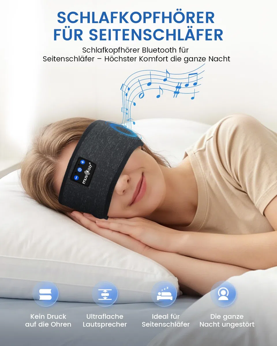 MUSICOZY Schlafkopfhörer, Bluetooth 5.4 Kopfhörer Stirnband | Ultradünn für Seitenschläfer | 14 Std. Akku, Hi-Fi Sound & Waschbares | Schlaf Kopfhörer zum Schlafen, Sport & Reisen (Damen & Herren)