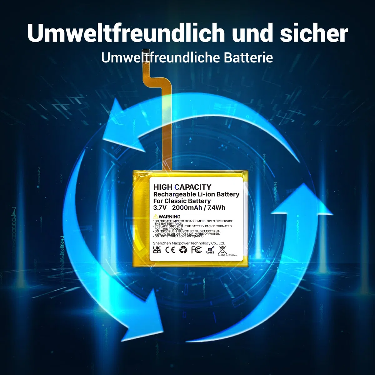 2000mAh Akku für Classic der 5. Generation, quadratischer Ersatzakku mit hoher Kapazität für MP3-Player, kompatibel mit Video/Classic Thin der 5. bis 7. Generation