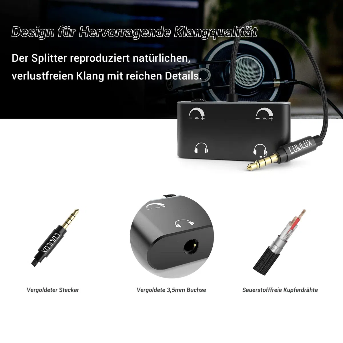 Cubilux 3,5 mm Kopfhörer Splitter mit Lautstärkeregelung, 1 Stecker auf 2 Buchsen, Audio Adapter für 2 Personen
