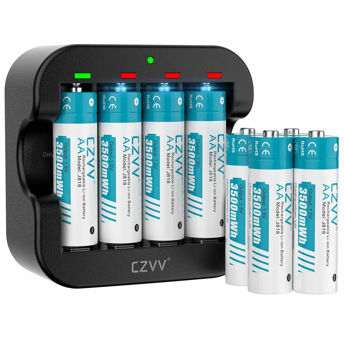 Wiederaufladbare Batterien AA Lithium 1,5V - Hoher Kapazität 3500mWh - 1300 Ladezyklen - 8 Stück Akkus mit Ladegerät, 2 Stunden Schnellladung, Konstanter Ausgang, Geringe Selbstentladung