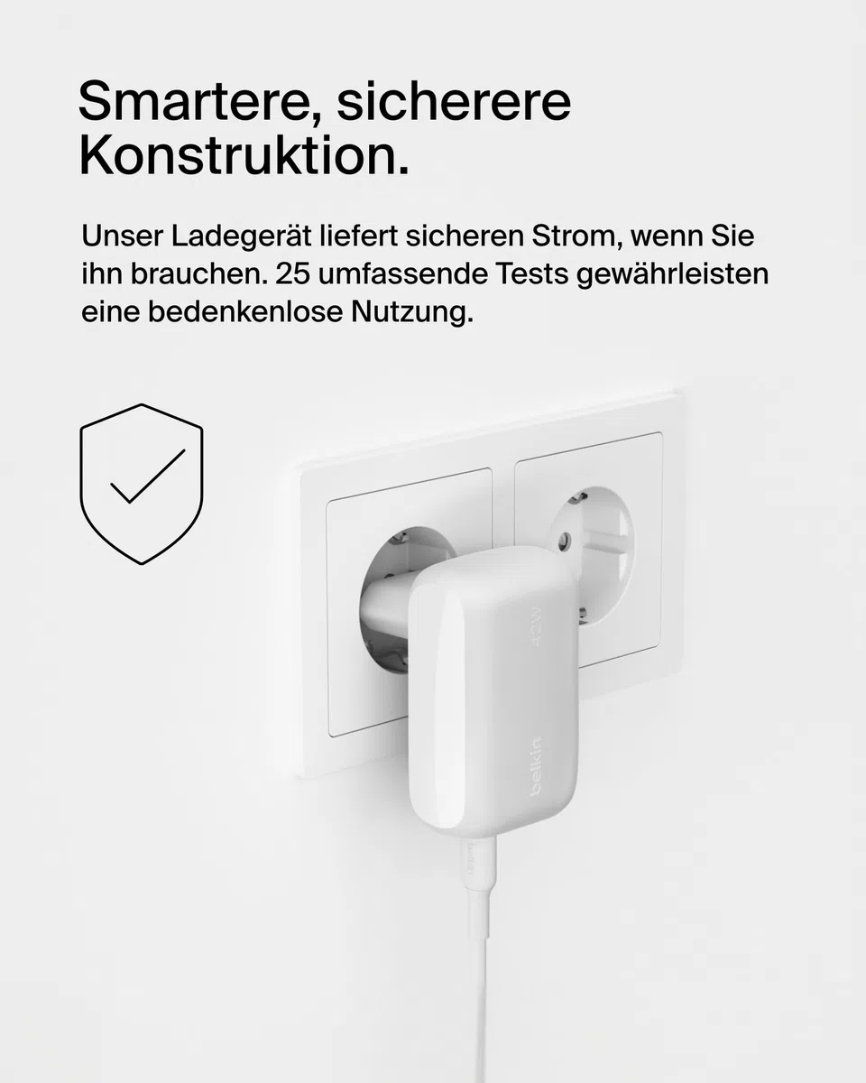 Belkin BoostCharge 42-W-USB-Ladegerät mit 2 Anschlüssen, USB-C- + USB-A-Charger; Schnellladen für iPhone 16, 16 Plus, 16 Pro, 16 Pro Max, 15, 14, 13, Galaxy S24, S23, Plus, Ultra, iPad, AirPods – Weiß