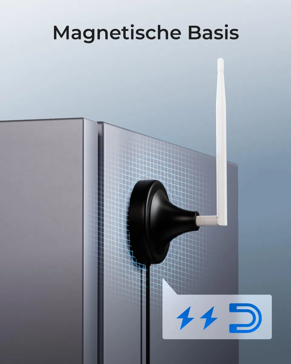 Reolink WLAN-Antennenverlängerungskabel mit RP-SMA-Anschluss, Magnetischer Standfuß, 3m Langes Kabel, Entwickelt für WLAN & Akku-Kameras mit Externen Antennen