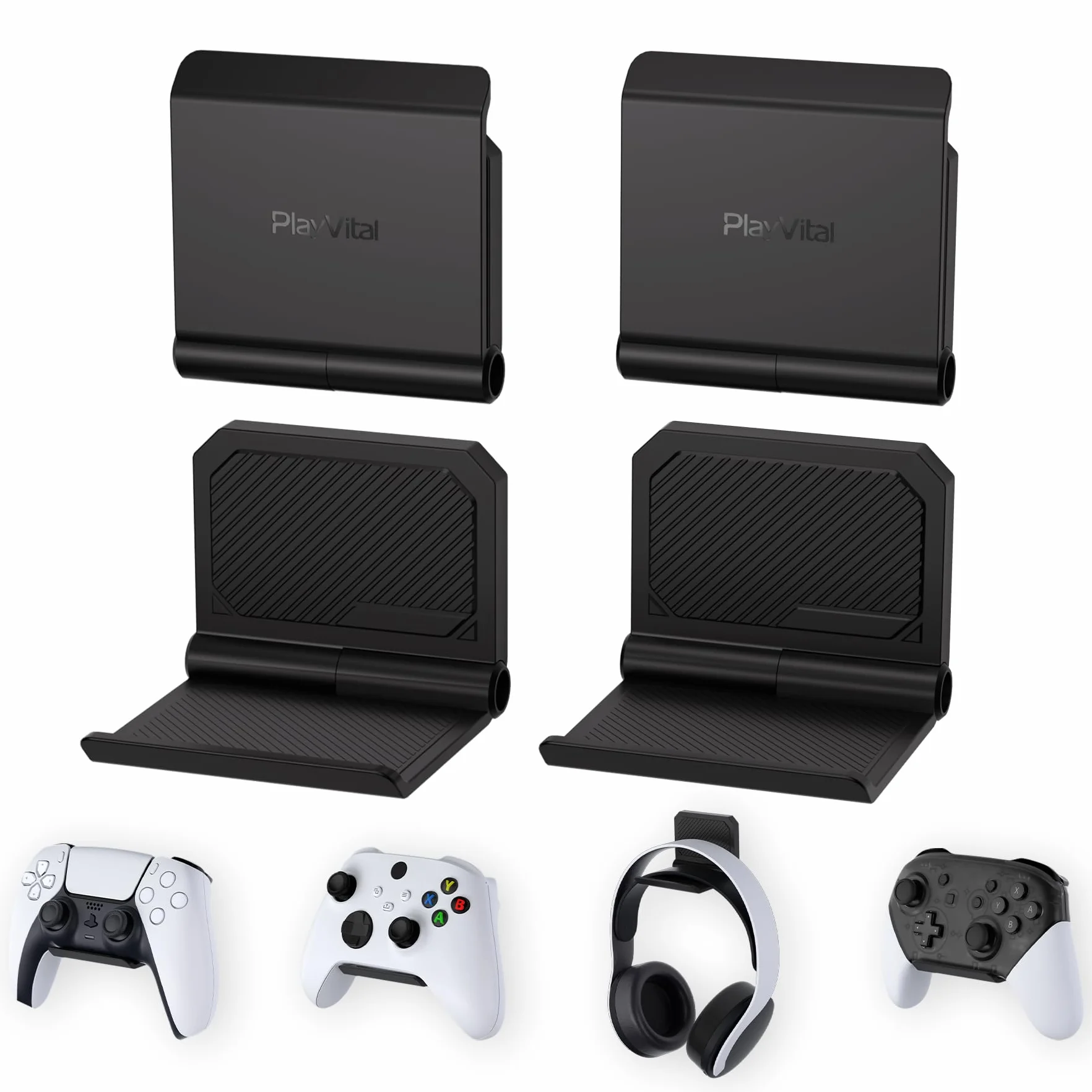 playvital FOLD Wandhalterung Controller für PS5/4,Gaming Kopfhörer Ständer,Faltbarer Wandständer für Xbox Series X/S,Switch Pro,Halter für Xbox Wireless Headset, für Pulse 3D Headset-Schwarz(4 Stück)