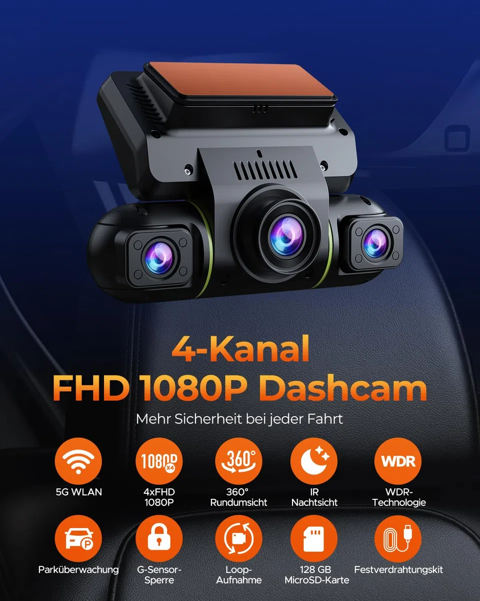 LAMTTO 4 Kanal Dashcam Auto Vorne Hinten Innen, 5GHz WiFi 360 Grad Dashcam Auto Kamera mit 128GB SD Karte, 3.16" IPS-Bildschirm, Nachtsicht IR, 24/7 Parküberwachung mit Hardwire-Kit