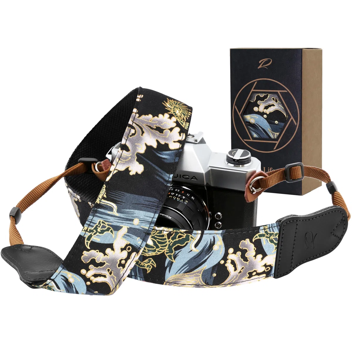 Padwa Lifestyle Blue Wave Kameragurt - 2“ Rindsleder Kopf Baumwolle Kameragurte für Fotografen, Vintage japanischen Kunstdruck verstellbaren Hals & Schultergurt für alle DSLR/SLR-Kameras
