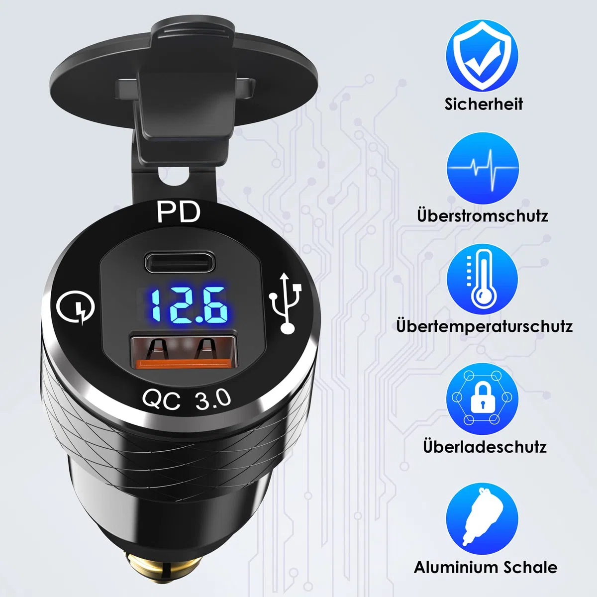 USB Din Hella Steckdose Adapter für BMW Motorrad: USB C PD 30W Ladegerät 12V Wasserdicht EU Typ C USB Stecker QC3.0 Anschluss mit LED Voltmeter für iPhone DC 12-24 Volt Europäisch Ducati Triumph BMW