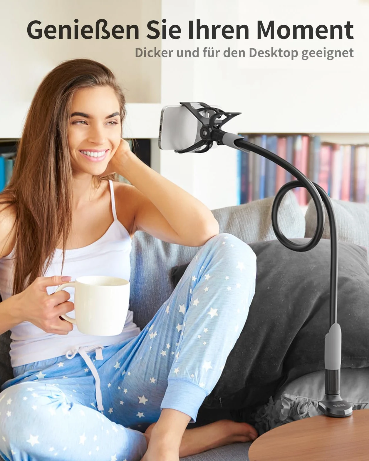 SAIJI Handy Halter für Bett, Schwanenhals Handy Halterung, 360 Drehbare Lang Arm Handy Ständer, für iPhone 17 16 15 14 13 12 Pro, 4"-7" Screen (Schwarz)