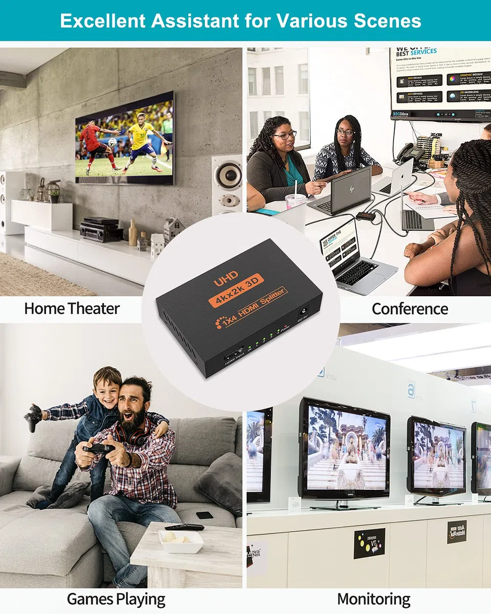 HDMI Splitter 1 In 4 Out 4K 3D 1080P Duplizieren/Spiegeln für 4 Monitor, 4 Way Verteiler HDMI Unterstützt HDCP1.4 3D UHD 1080P HD TV X-Box Blu-Ray DVD