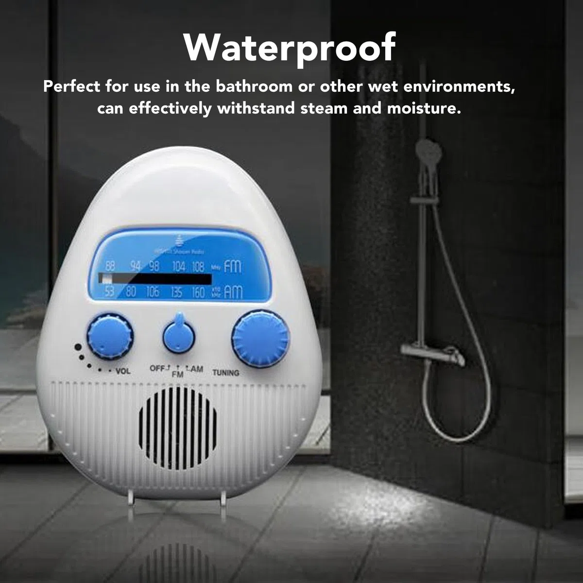Tragbares AM-FM-Taschenradio, Wasserdichtes Duschradio, AM-FM-Radio, Badezimmerradio, Eingebauter Lautsprecher, Batteriebetriebenes Duschradio