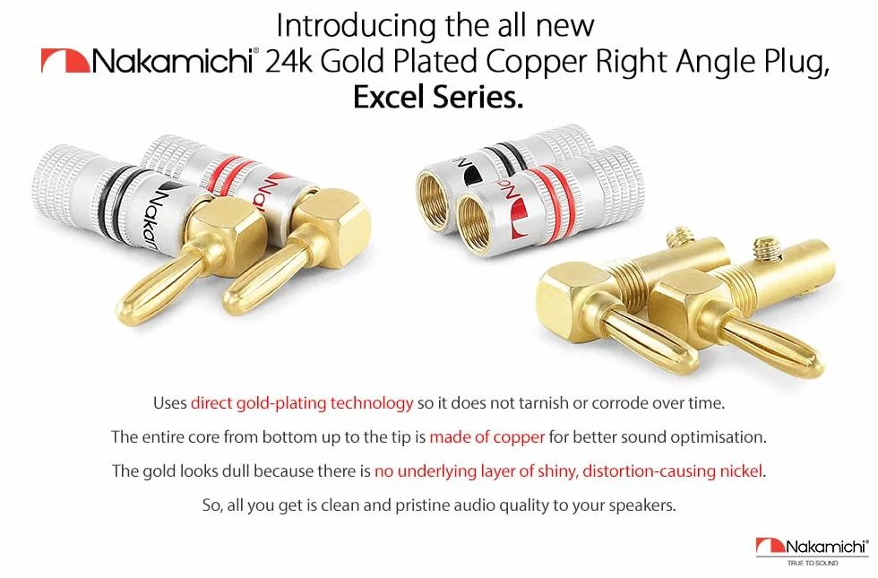Nakamichi 24K vergoldeter Bananenstecker 12 AWG - 18 AWG Gauge Größe 4mm für Lautsprecher Verstärker Hi-Fi AV Receiver Stereo Heimkino Audiokabel Stecker Rechtwinkliger Stecker, 4 Stück (2-Paar)