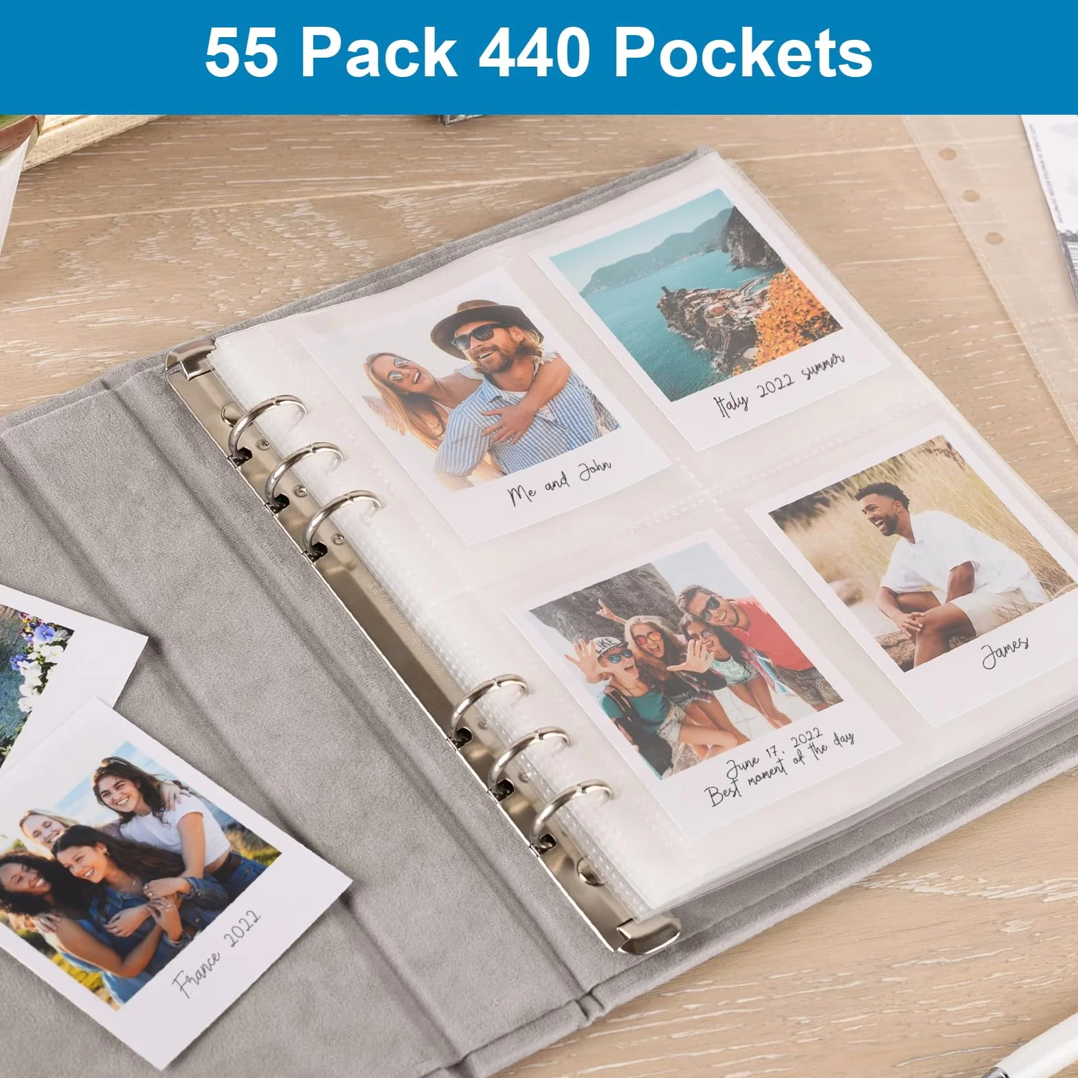 55er Pack A4 Fotohüllen mit 440 Doppelseitig Fächern, Transparente Postkartenhüllen mit 4 Fächern, Klarsichthüllen a4, Top Loading Nachfüllseiten für Fotoalben