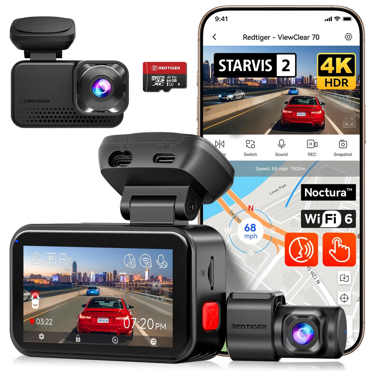REDTIGER VC70 4K+2,5K Dashcam Auto Vorne Hinten, STARVIS 2, 5,8 GHz WiFi