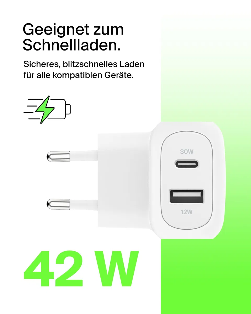 Belkin BoostCharge 42-W-USB-Ladegerät mit 2 Anschlüssen, USB-C- + USB-A-Charger; Schnellladen für iPhone 16, 16 Plus, 16 Pro, 16 Pro Max, 15, 14, 13, Galaxy S24, S23, Plus, Ultra, iPad, AirPods – Weiß