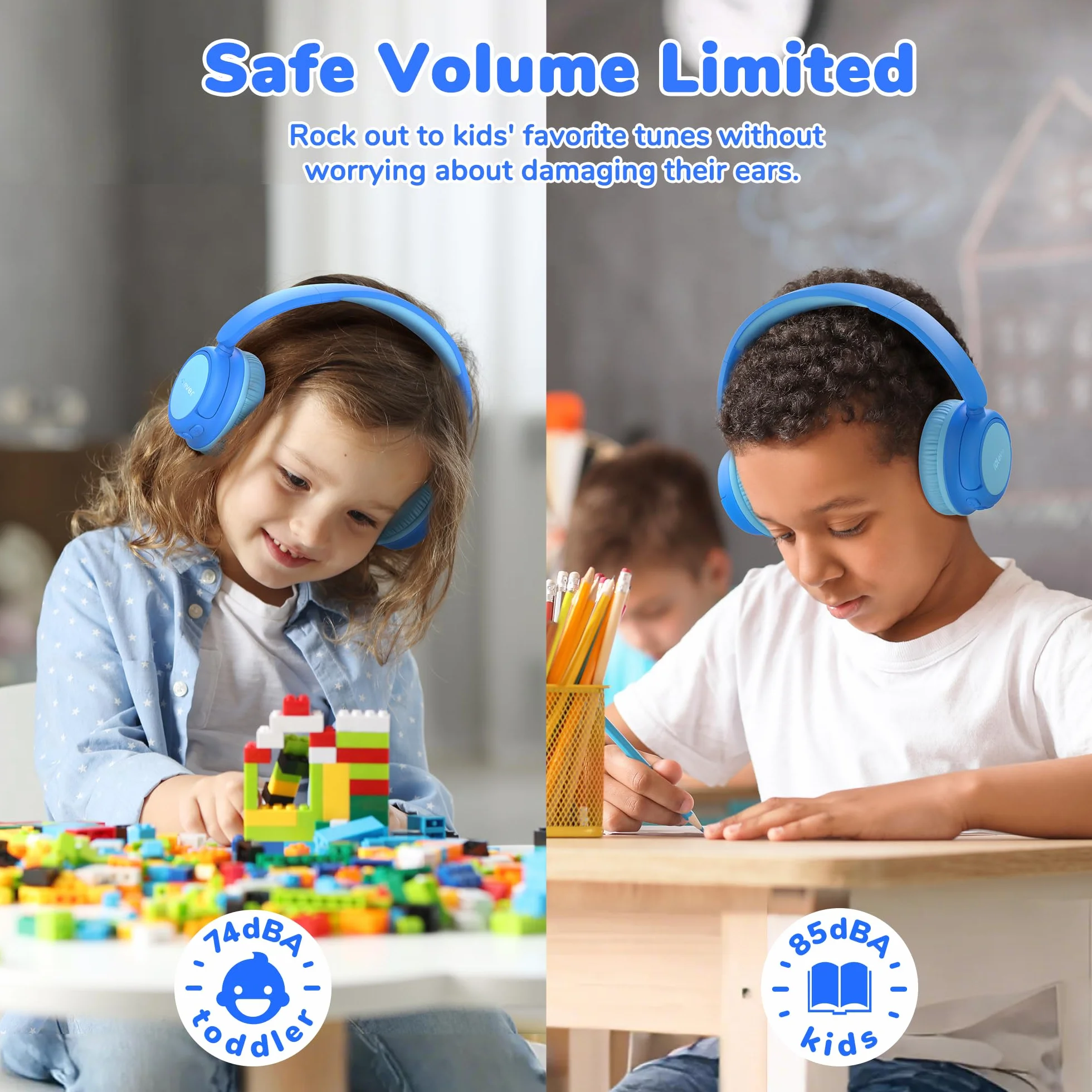 iClever Bluetooth Kopfhörer Kinder, 60 Std Akku, 74/85 dBA Lautstärkebegrenzung, Stereo-Sound, Typ-C, Bluetooth5.4, Kabellos Kinderkopfhörer Over Ear mit Mikrofon für Tablet/Reisen