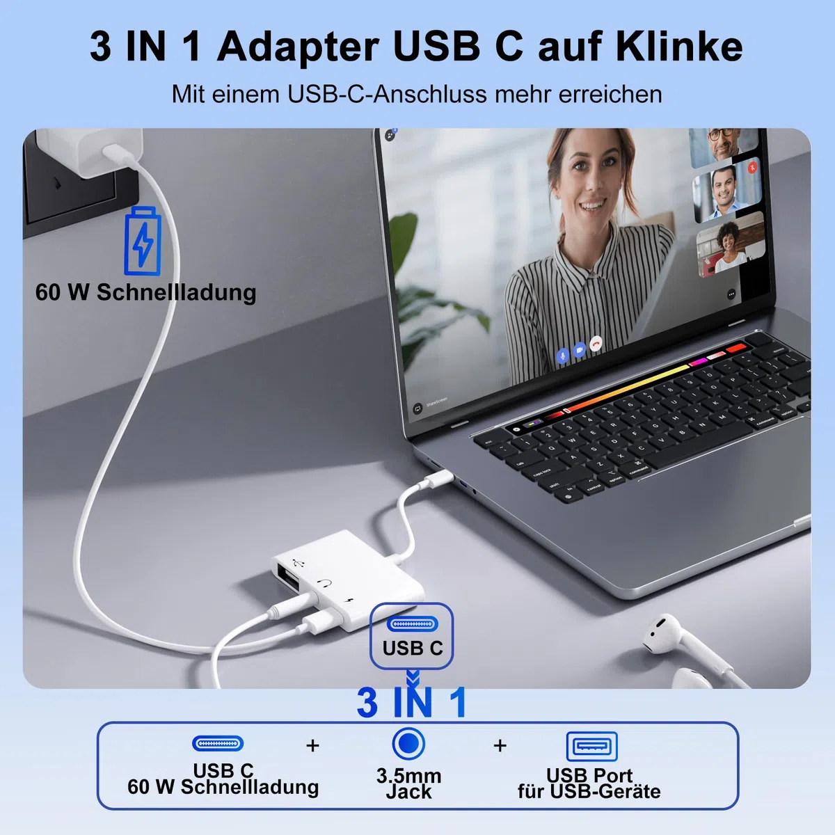 【3 in 1】 Adapter USB C auf USB 3,5 Klinke Kopfhörer mit 60W Ladegerät OTG Adapter, Aux Kabel USBC für iPhone 17/16/15, Samsung Galaxy S25/S24/S23/A56 i-Pad Pro Air Laptops und andere Typ-C-Geräte