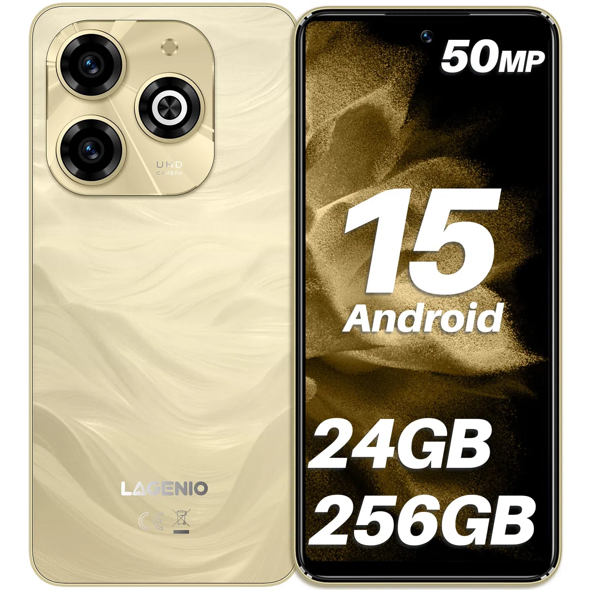 A11 Pro Android 15 Smartphone Ohne Vertrag, 120Hz Octa-Core, 24GB+256GB Handy Ohne Vertrag，50MP+8MP AI Kamera, 6,7'' HD+ Bildschirm, Dual SIM 4G Simlockfreie Handy/OTG/Widevine L1-Gold