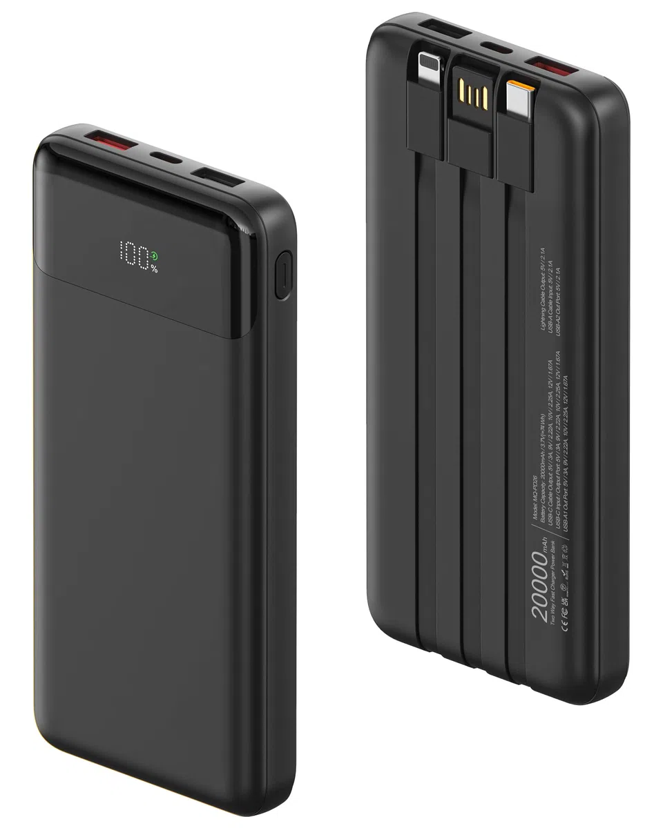 Power Bank 20000mAh mit Integrierten 3 Kabeln, 22,5 W Schnellladung PowerBank Externe Handyakkus PD 3.0 QC 3.0 USB-C EIN und Ausgang, Tragbares Ladegerät für iPhone, Samsung, und mehr