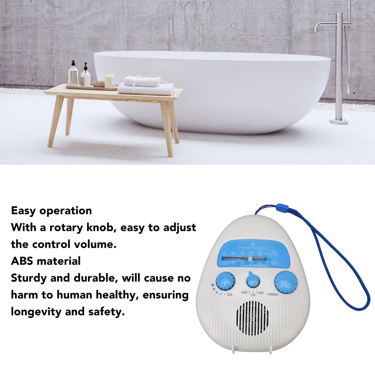 Tragbares AM-FM-Taschenradio, Wasserdichtes Duschradio, AM-FM-Radio, Badezimmerradio, Eingebauter Lautsprecher, Batteriebetriebenes Duschradio