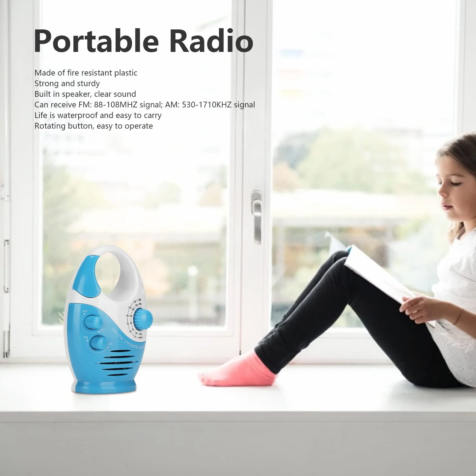 Tragbares Radio, Hakentyp Blau AM FM Radio Batteriebetriebenes, Wasserdichtes Duschradio mit Eingebautem Lautsprecher, Praktisches Radio für Rundfunk, Musik, Nachrichten