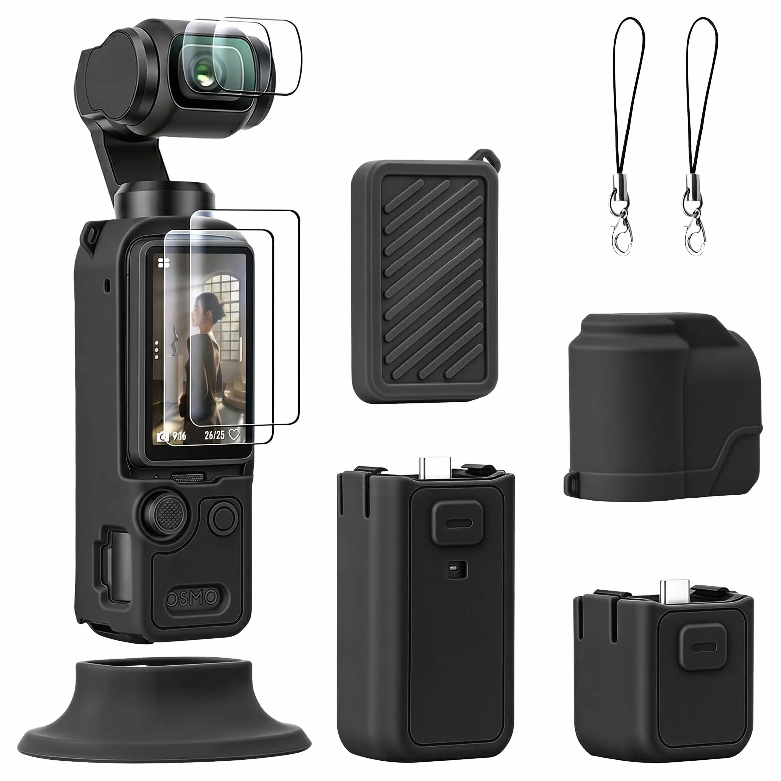 AMAZEAR OSMO Pocket 4 Silikonhülle für DJI Pocket 4 Zubehör, Case für Pocket 4 Weiche Schutzhülle mit Gehärtetem Glas Displayschutz Objektivschutz, Silikon Ständer Combo Set (Schwarz)