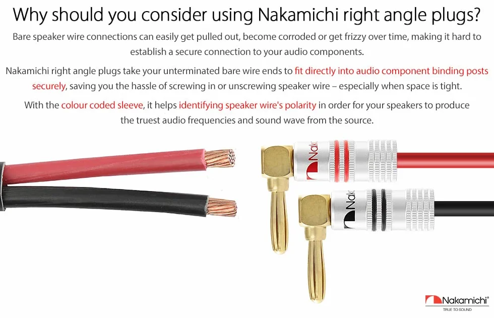 Nakamichi 24K vergoldeter Bananenstecker 12 AWG - 18 AWG Gauge Größe 4mm für Lautsprecher Verstärker Hi-Fi AV Receiver Stereo Heimkino Audiokabel Stecker Rechtwinkliger Stecker, 4 Stück (2-Paar)