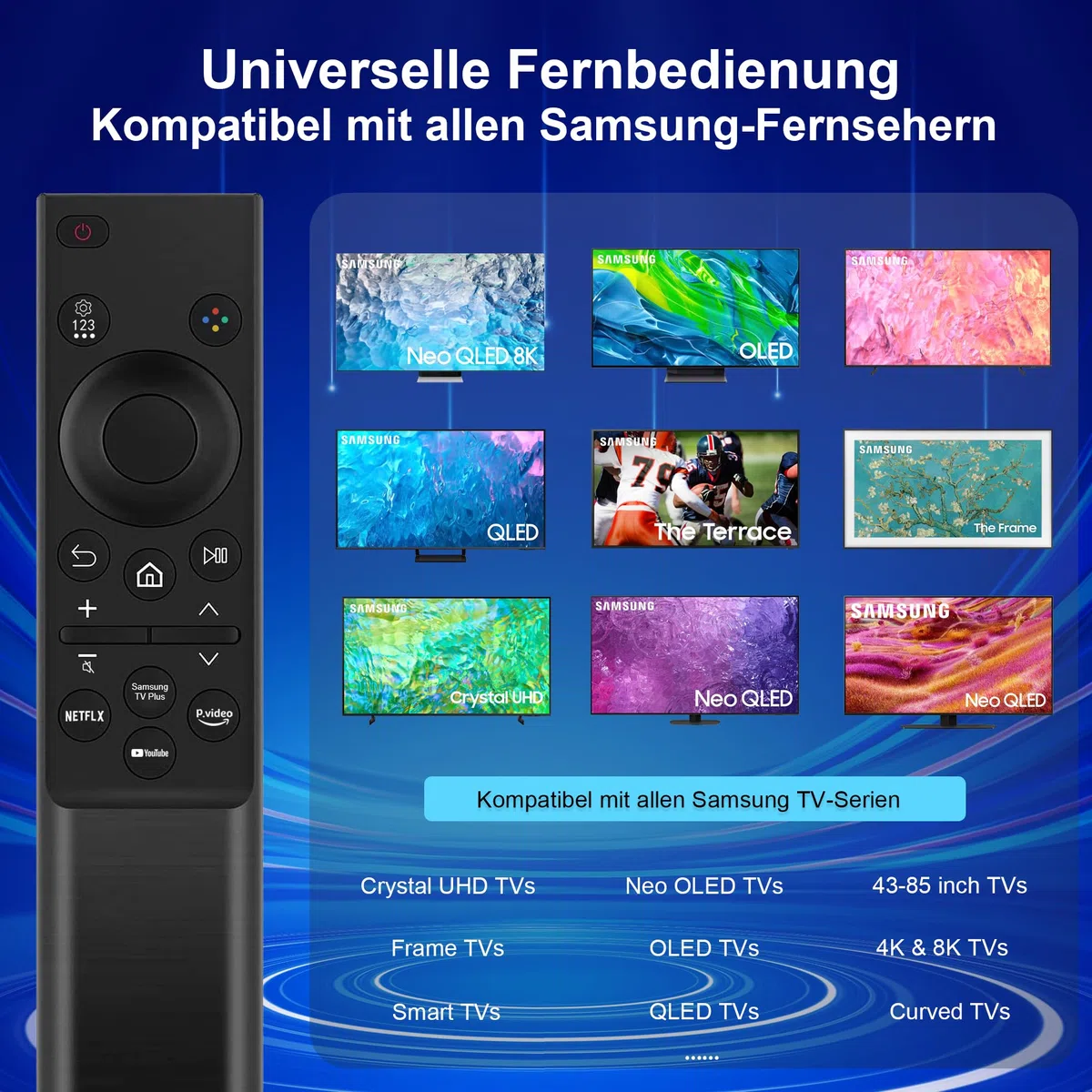 Universal-Fernbedienung für Samsung TV, Ersatz-Fernbedienung für Samsung Crystal QLED OLED Curved HDTV 4/8K UHD Curved Frame Smart TV Serie