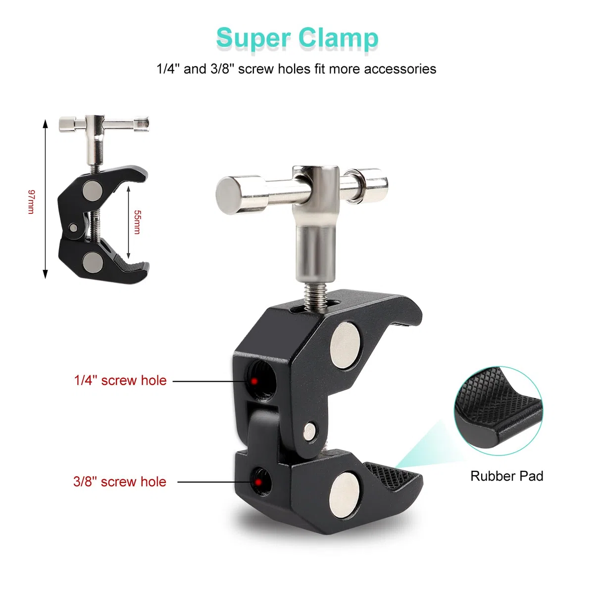 11 Zoll Verstellbarer Gelenkarm Magic Arm, Super Clamp mit 1/4" und 3/8" Schraubenlöchern und Einer Doppelloch-Telefonhalterung für Foto, Video und Kameraausrüstung