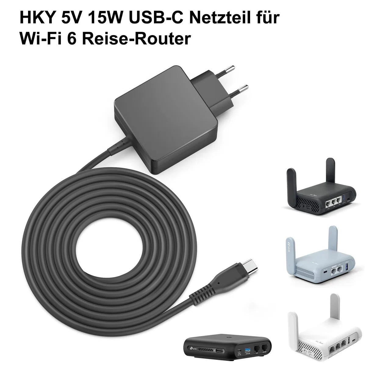 HKY Netzteil 5V 3A 15W Ladegerät für Wi-Fi 6 Reise-Router für GL.iNet GL-SFT1200 GL-AR300M16-Ext Mobile GL-AR300M16 Mini Router, TP-Link TL-WR3002X, für Smartphones/Tablets/MP3-MP4 Player/eBooks/Navi