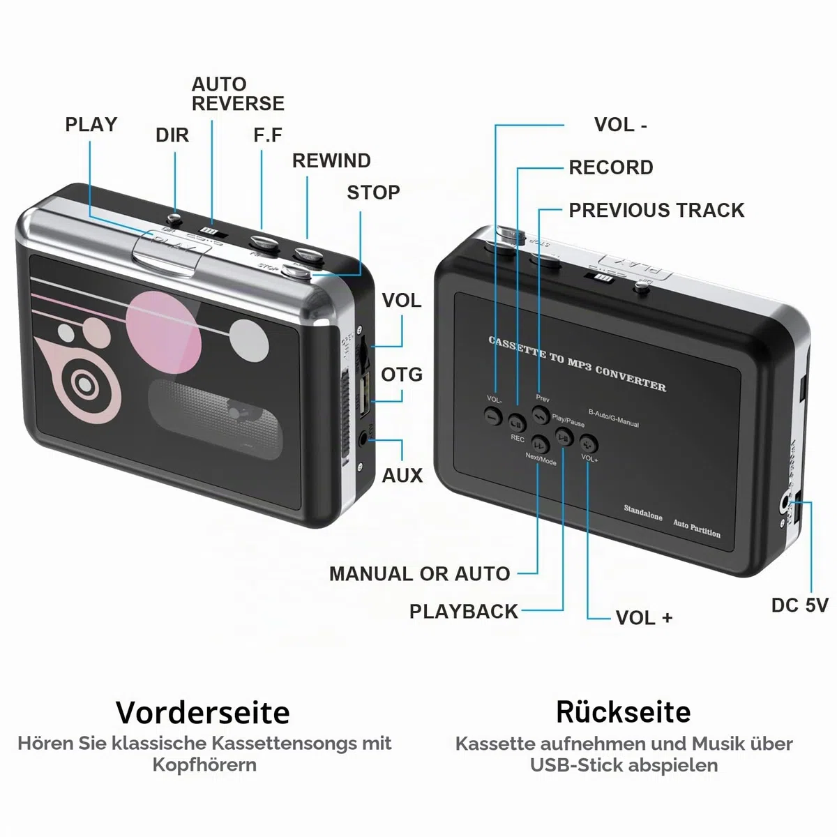 Rybozen Kassettenspieler, tragbarer USB-Kassetten-zu-MP3-Konverter, Walkman Audio-Musik-Tape-zu-Digital-Konverter, Player mit Kopfhörern, speichert auf USB-Laufwerk, kein PC erforderlich