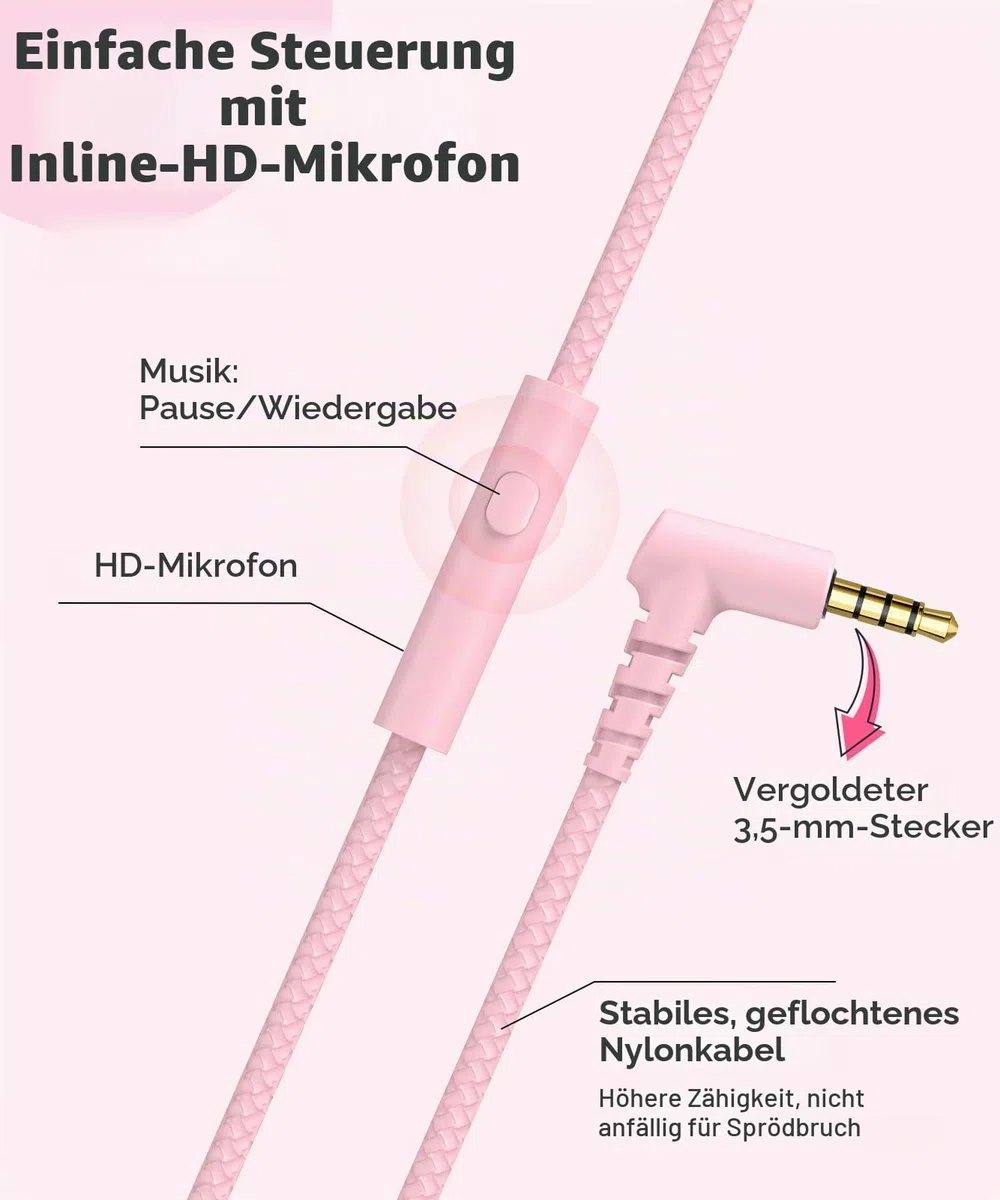 RockPapa C24 Kinder Kopfhörer mit Kabel, HD-Mikrofon, Leichte, Faltbare Kabel kopfhörer mit 3,5 mm Jack, On-Ear Stereo Bass Kopfhörer für Schule/Reise/Telefon Pink Weiß