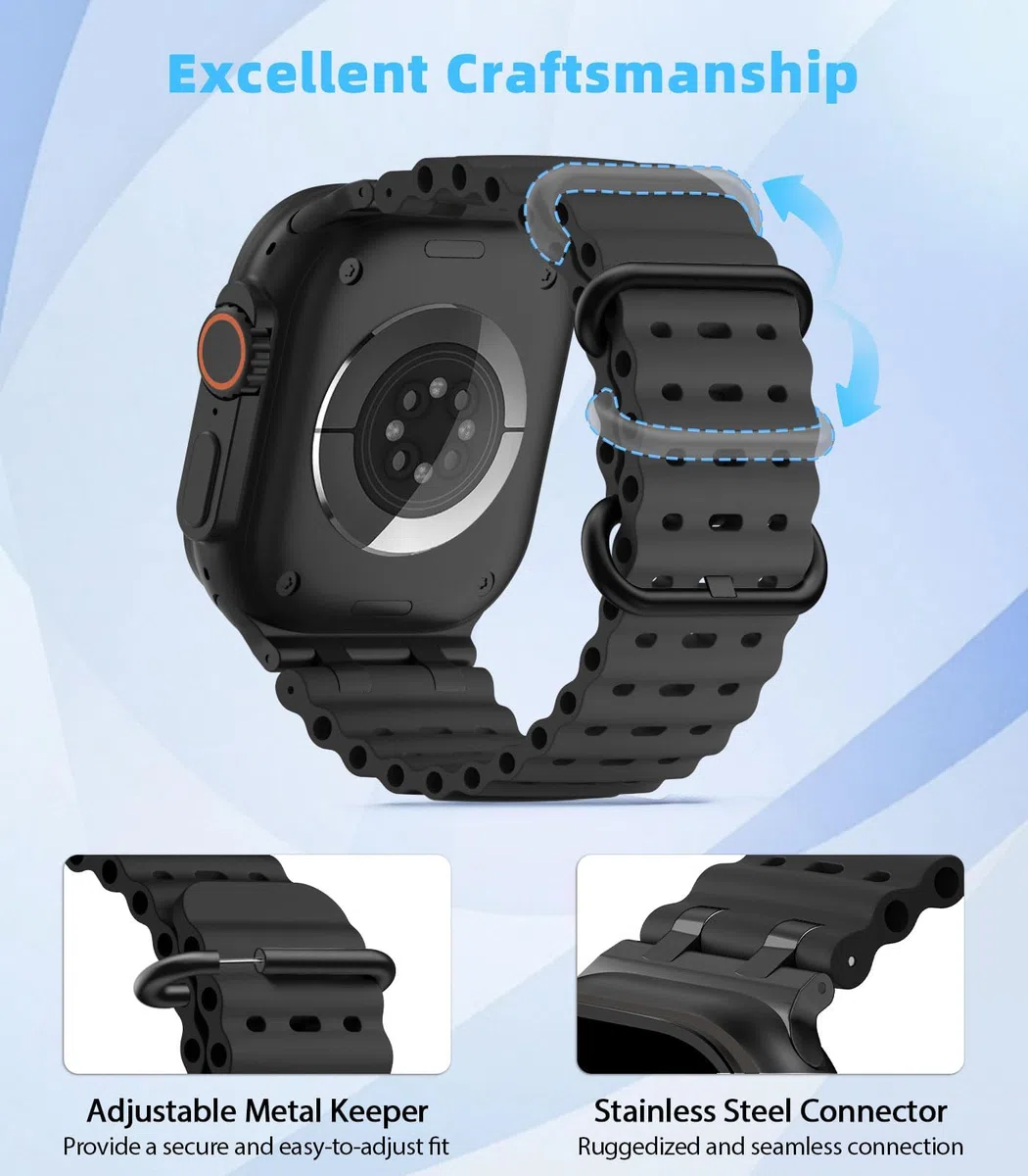 MoKo Ocean Armband Kompatibel mit Apple Watch Ultra 3/2/1 49 mm, S11/S10 46 mm, 9/8/7 45 mm, SE3/SE2/SE/6/5/4 44 mm, 3/2/1 42 mm, Atmungsaktives Silikon-Sportarmband mit Metallverbinder Männer Frauen
