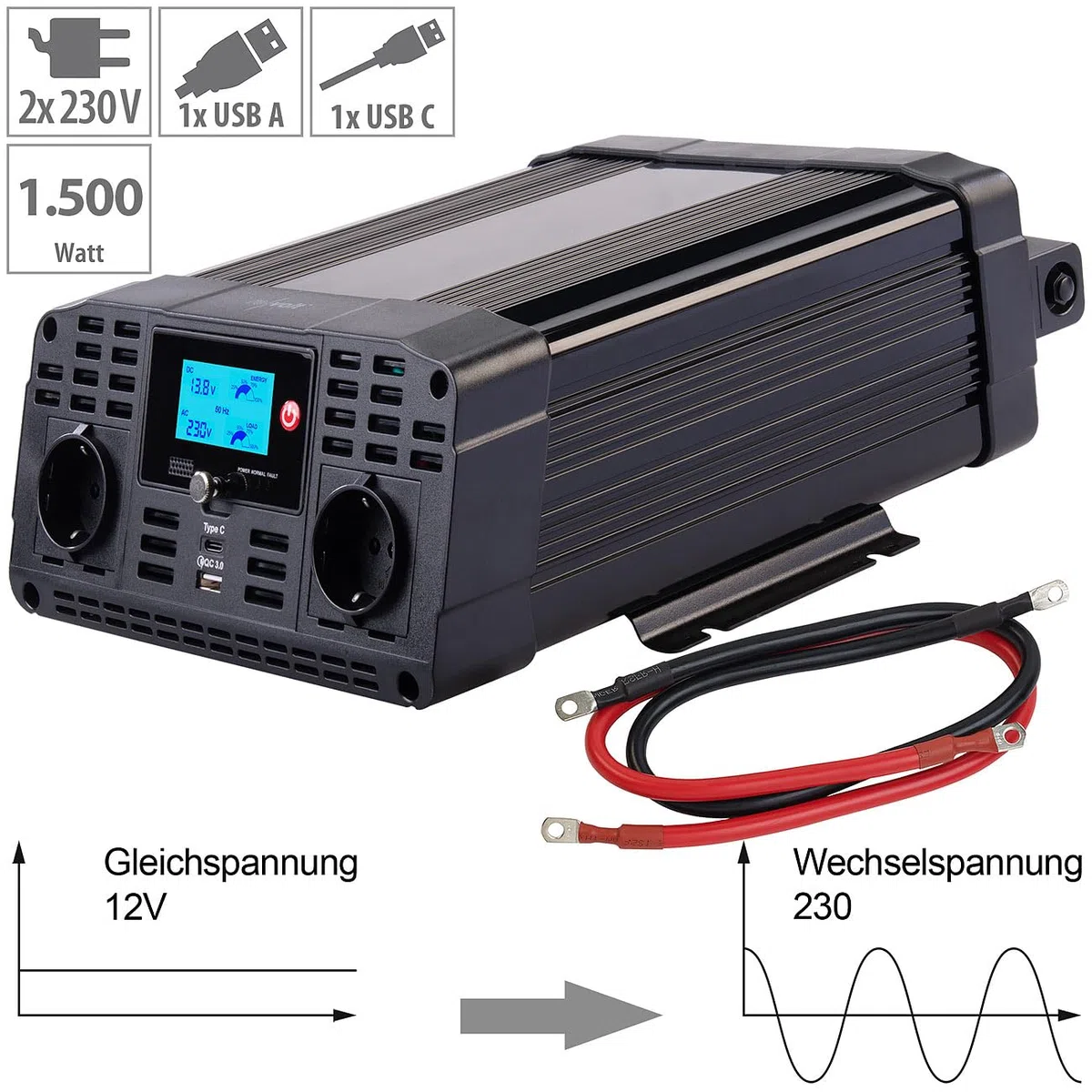 revolt Inverter: 12-V-Wechselrichter auf 230 Volt, USB-A und -C, 1.500 Watt, Sinuswelle (Spannungswandler 12V in 230V, Kfz Spannungswandler, 24V)