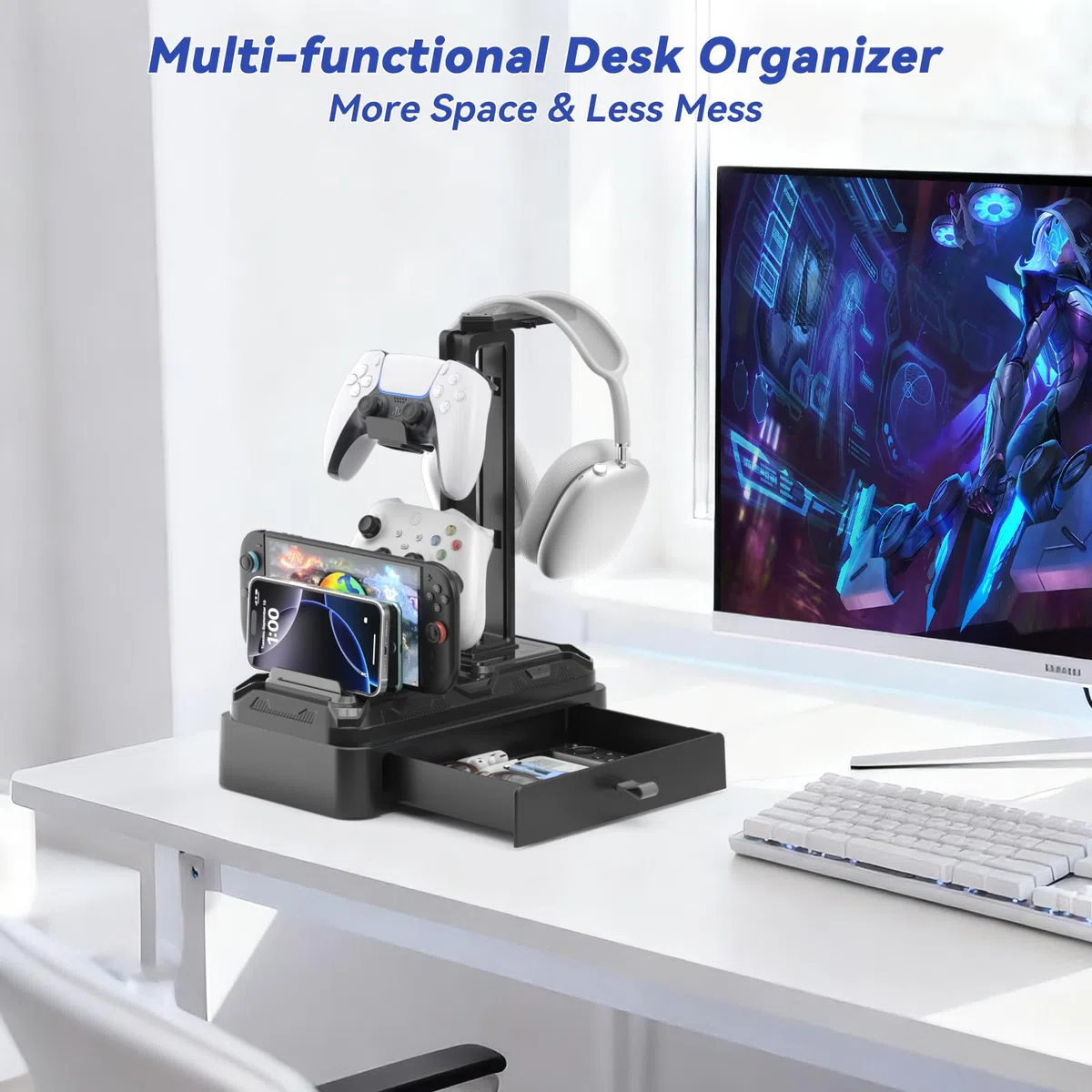 KDD Kopfhörer Ständer Gaming mit Schublade - Drehbare Headset Halterung Tisch & Controller Halter PS5 mit Geräteschlitz für Handy Tablet - Universal Headset Ständer für Alle Kopfhörer Gaming Zubehör