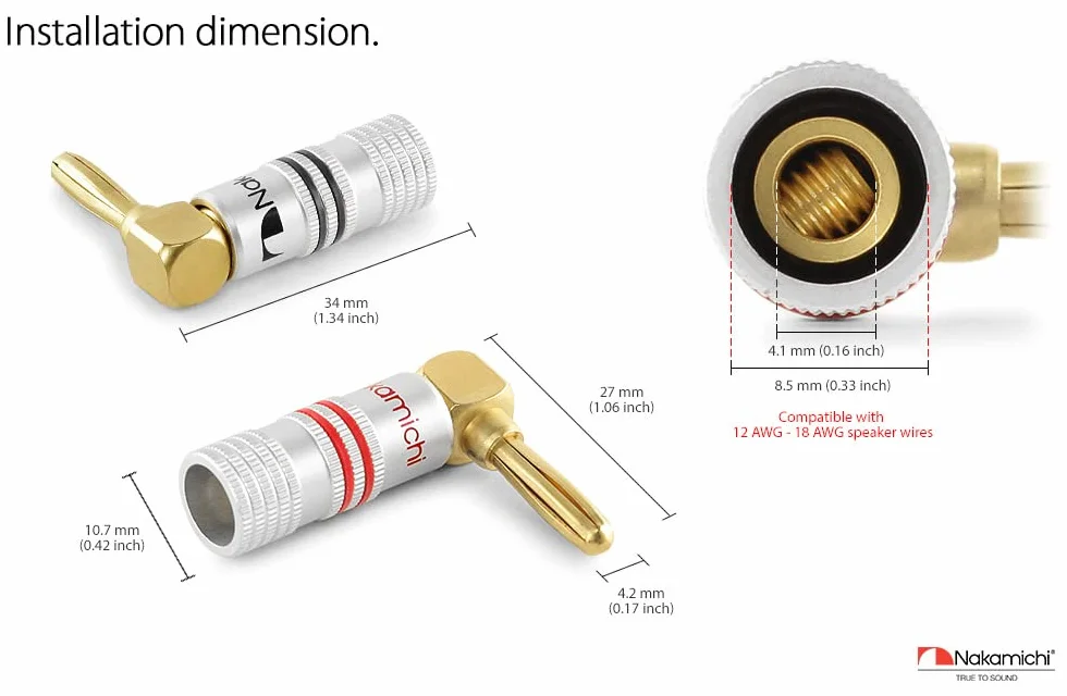 Nakamichi 24K vergoldeter Bananenstecker 12 AWG - 18 AWG Gauge Größe 4mm für Lautsprecher Verstärker Hi-Fi AV Receiver Stereo Heimkino Audiokabel Stecker Rechtwinkliger Stecker, 4 Stück (2-Paar)