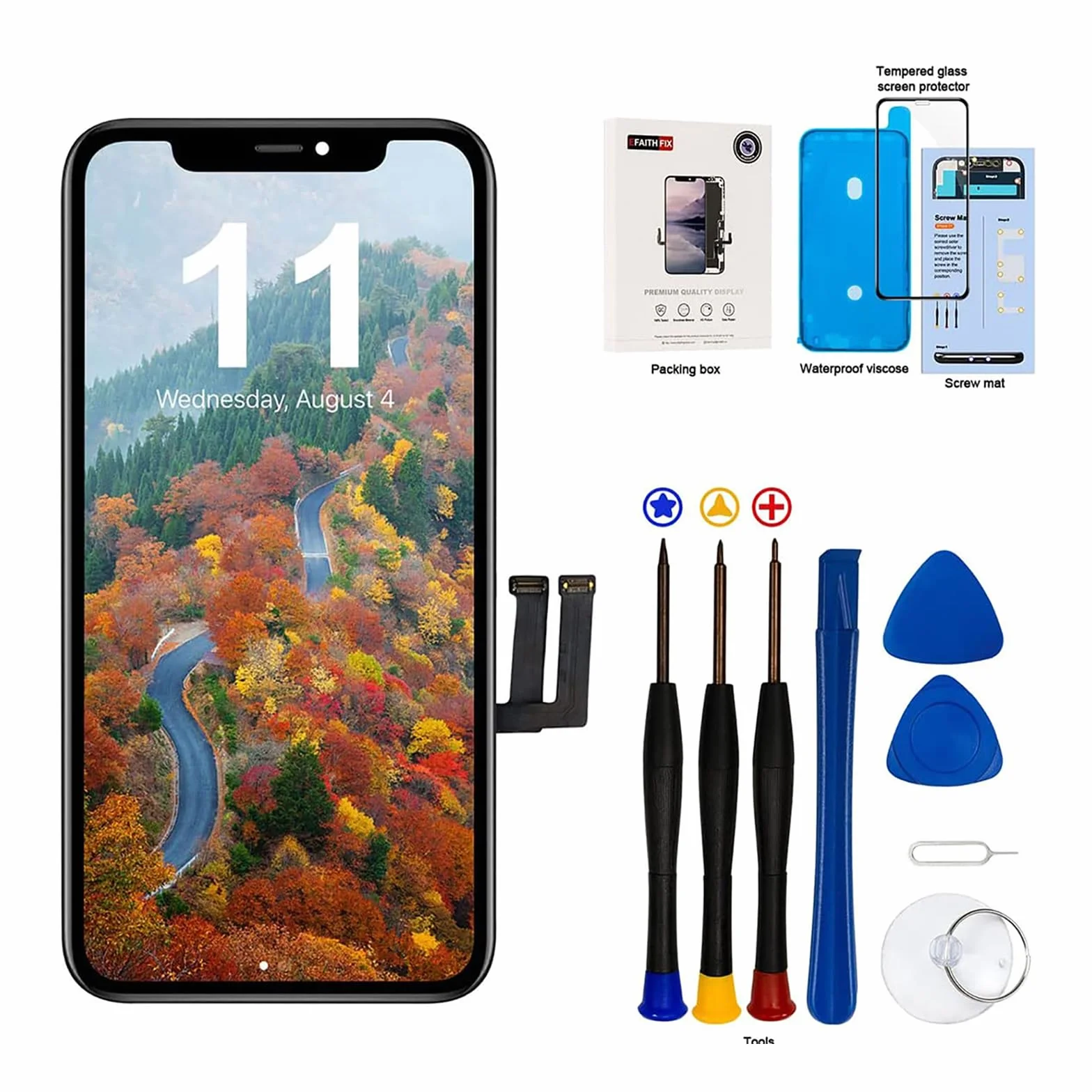 EFaith für iPhone 11 Display Ersatz Bildschirm 6.1 Zoll LCD Full HD 3D Touch Screen Digitizer Rahmen mit Kleber, Displayschutzfolie, Reparaturwerkzeuge,kompatibel mit Modell A2111, A2223, A2221