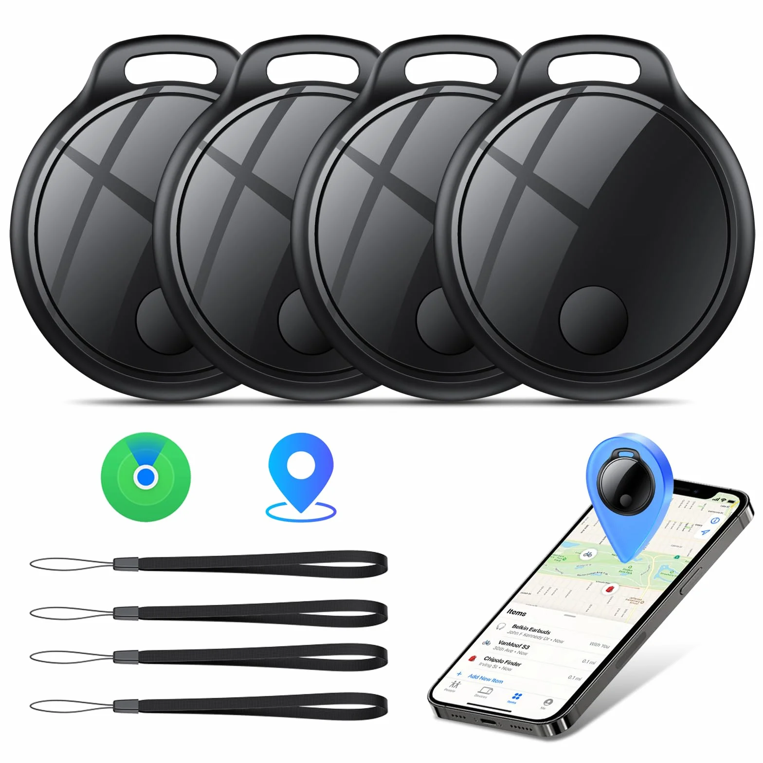 Smart Tracker Tag 4er Pack, Schlüssel Finder Kompatibel mit Apple Find My APP (nur iOS), IP68 wasserdicht, Austauschbarer Akku, Bluetooth Key Finder für Gepäck/Taschen/Koffer/Brieftasche